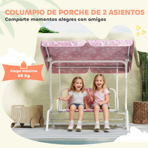 Columpio de Jardín Exterior para Niños de 2 Plazas, Balancín de Jardín, Toldo Ajustable, con Cinturones de Seguridad, Diseño de Unicornio y Arcoíris, para Interior, Patio, 112x75x120 cm, Rosa