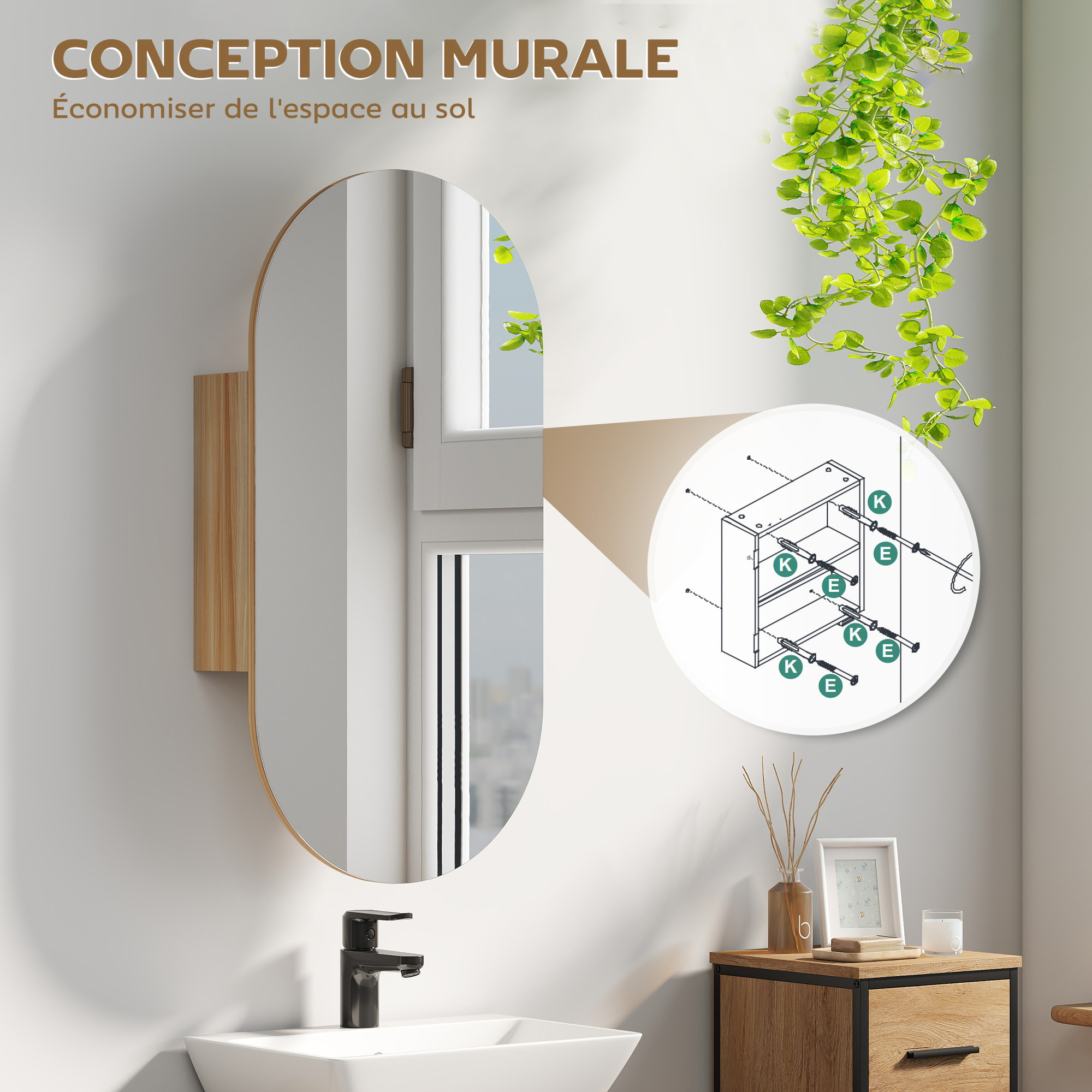 Armoire miroir design ovale dim. 45 x 90 cm étagère effet bois clair