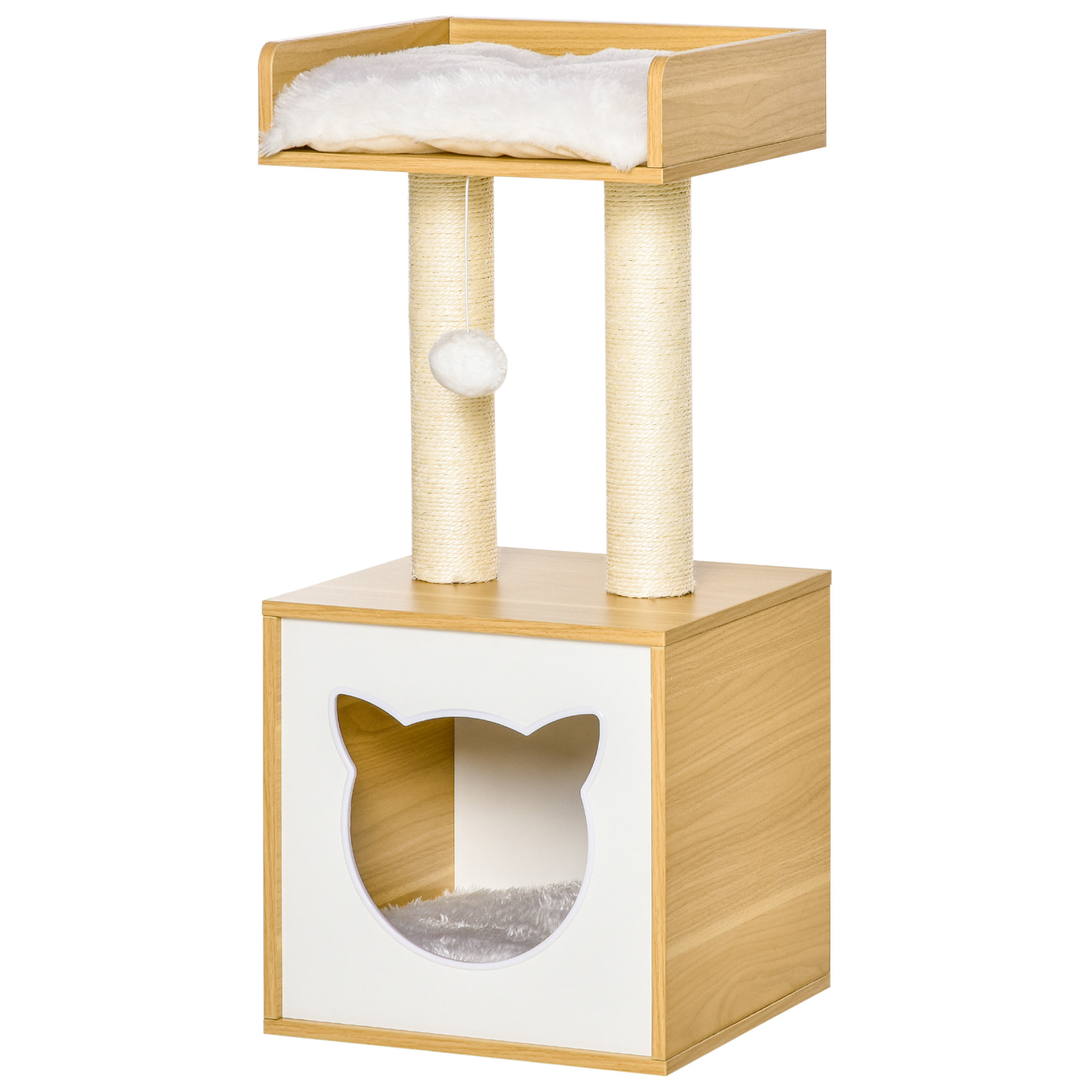 árbol para Gatos de 2 Niveles con Cueva Cama Superior Postes Rascadores de Sisal Natural Cojines Lavables y Bola de Juguete 35x35x81 cm Roble y Blanco