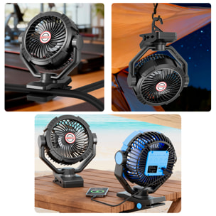 Ventilador S01 con motor sin escobillas, LED con 8 luces, 4 velocidades, 3 niveles de luz y temporizador. Ángulo ajustable de 180º con oscilación, gancho/pinza para colgar y powerbank de 10400 mAh.