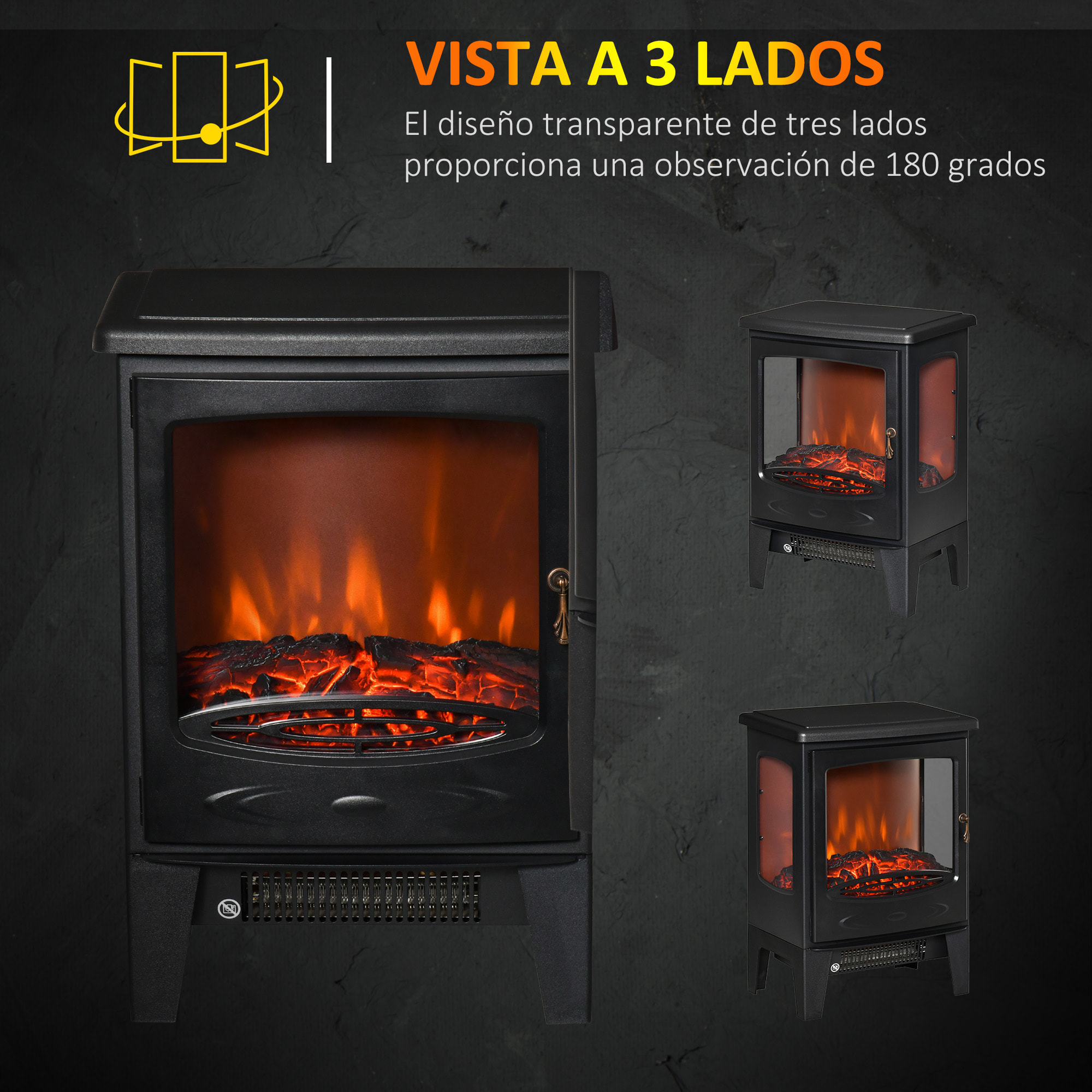 Chimenea Eléctrica 900W/1800W Chimenea Decorativa con Ventanas Efecto de Llama Temperatura Ajustable y Protección Sobrecalentamiento para 20-25 ㎡ 39x26x54,8 cm Negro