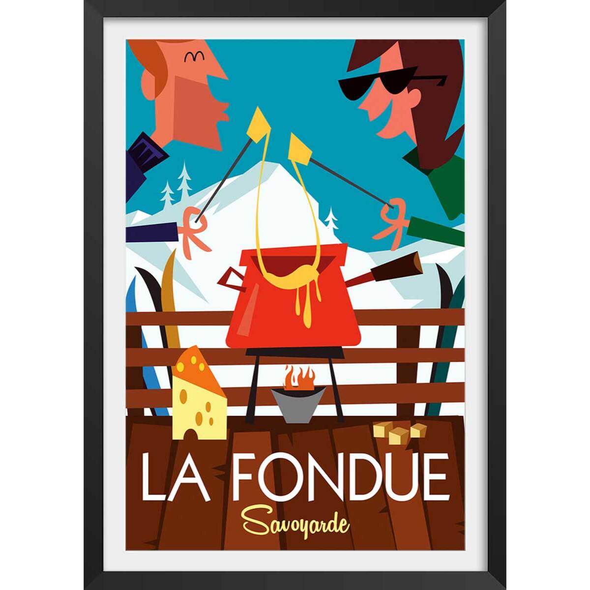Poster retro la fondue savoyarde Affiche + cadre en bois - Noir