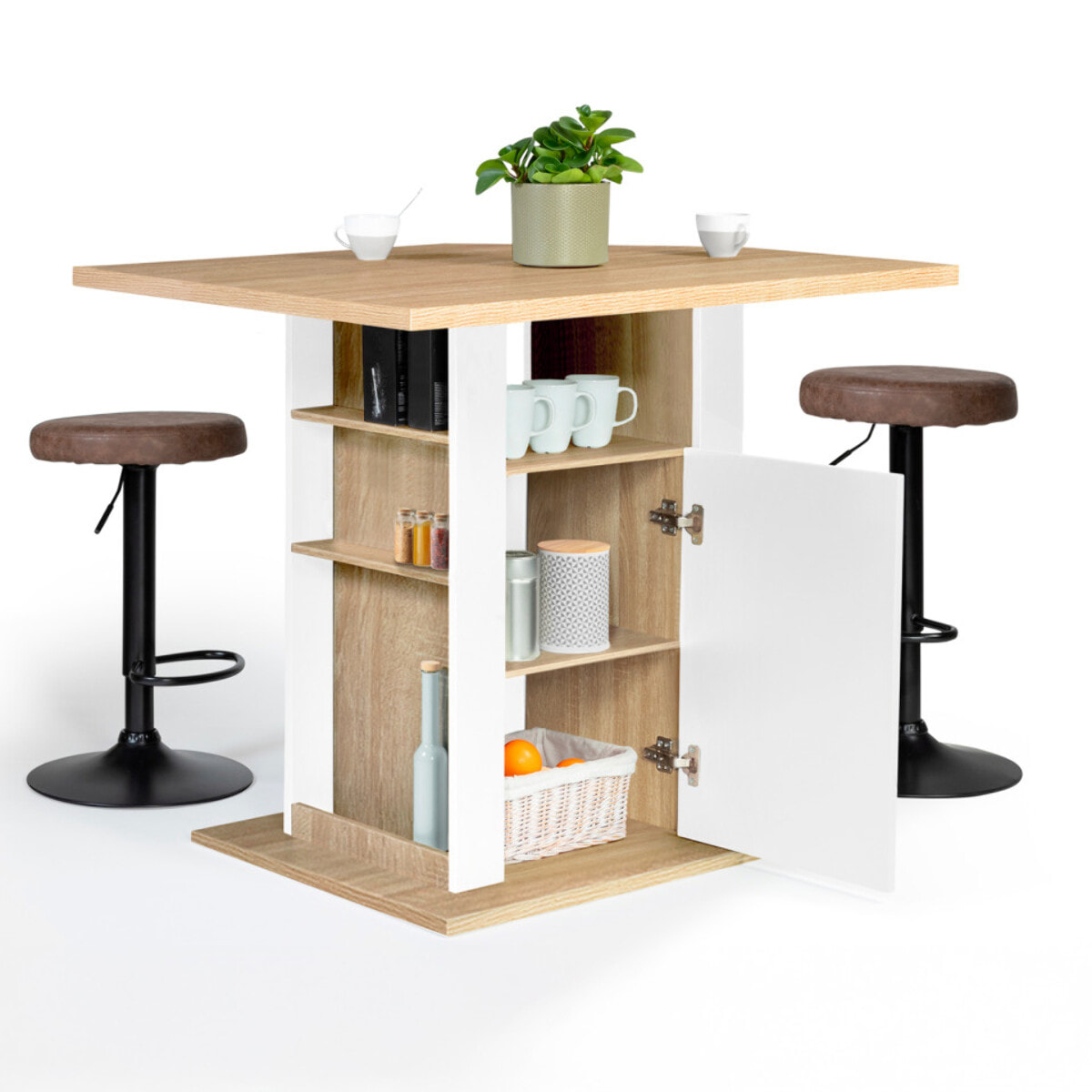 Ilot de cuisine Théo bois et blanc avec rangements