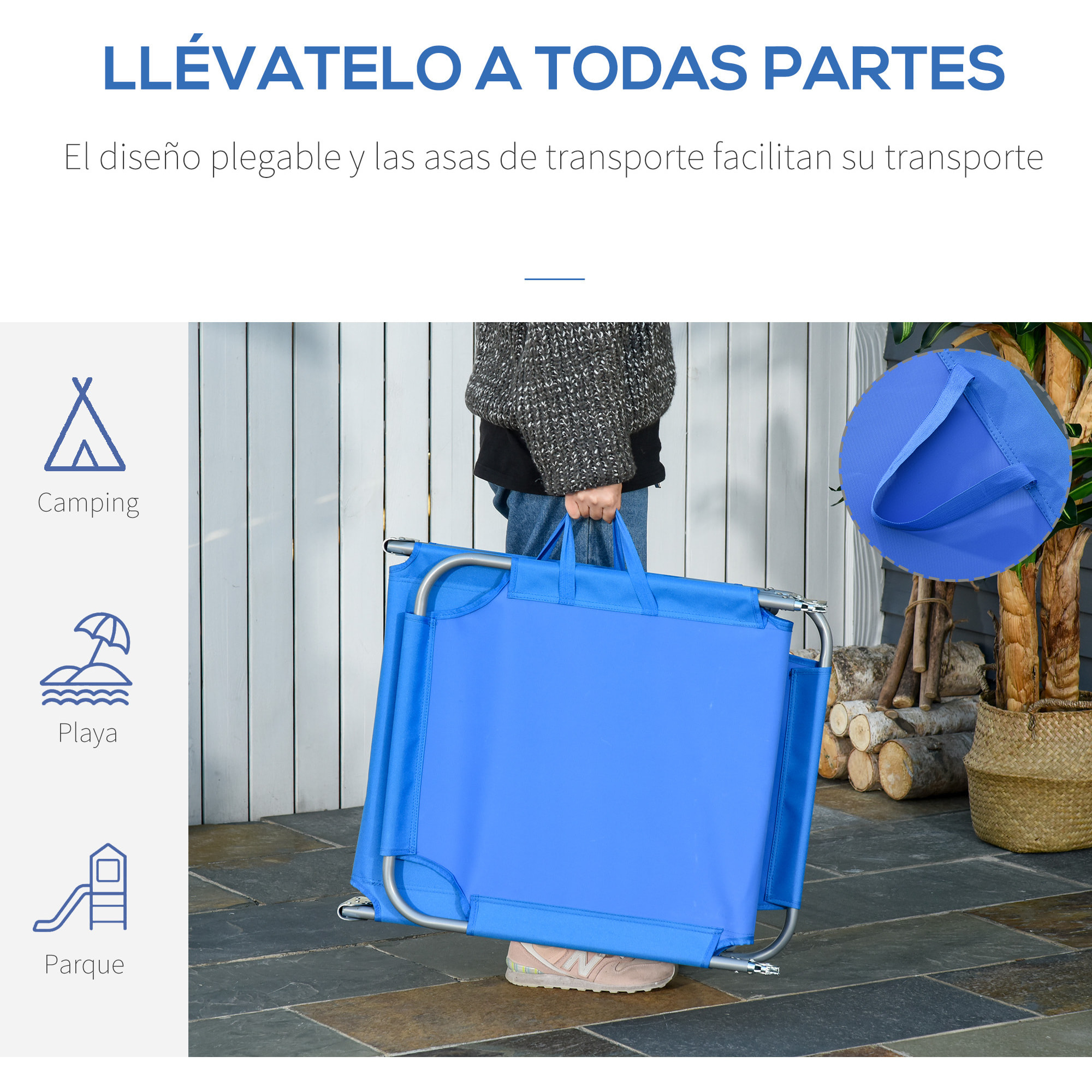 Tumbona Plegable Tumbona de Jardín con Respaldo Ajustable en 5 Posiciones Carga 120 kg para Terraza Piscina Playa 187x55x24 cm Azul