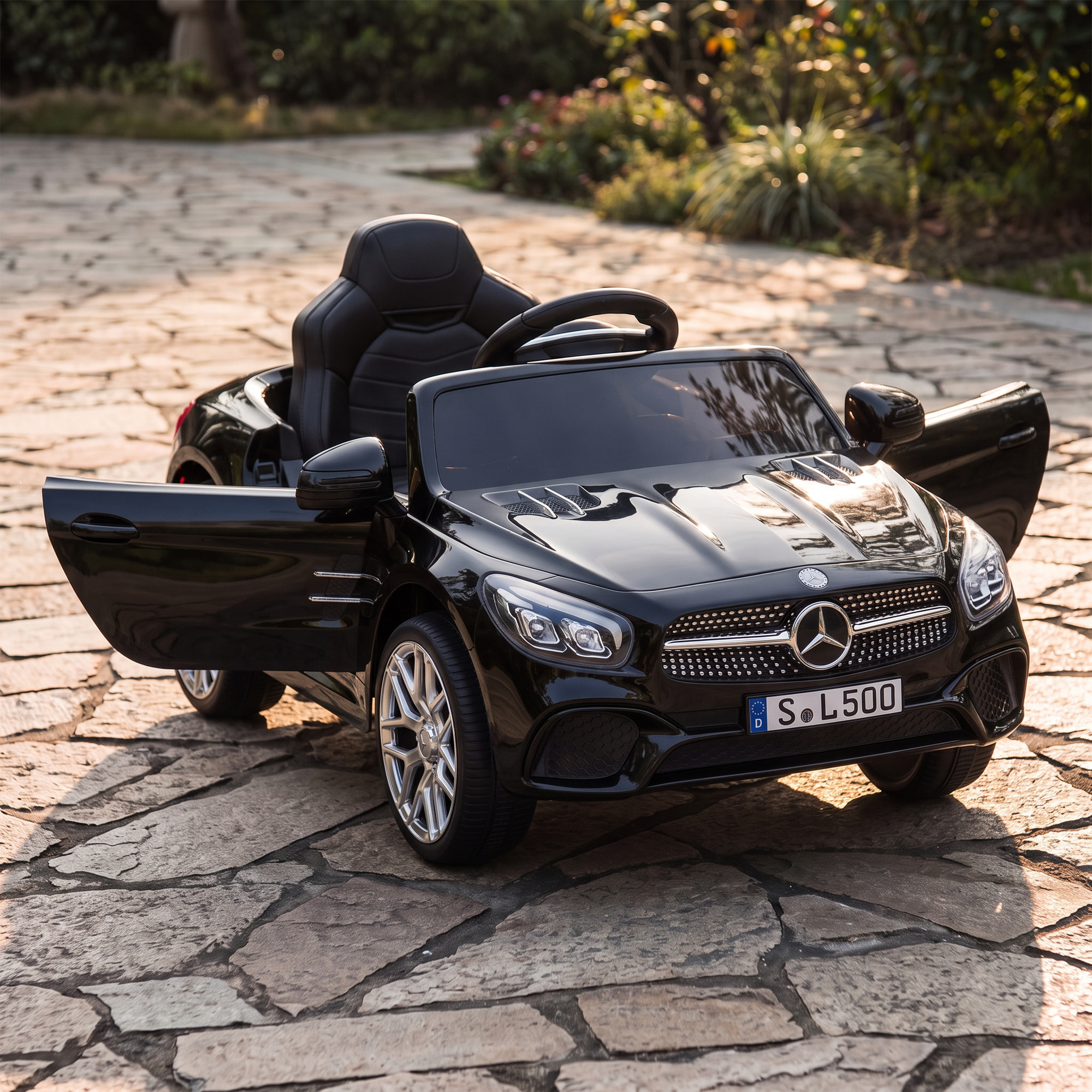 Coche Eléctrico para Niños Mercedes-Benz SL500 Coche de Batería Litio 12V con Mando a Distancia 2,4 G 2 Motores Suspensión Arranque Suave Luces Música Claxon Bluetooth 3-5 Años 3-5 km/h Negro