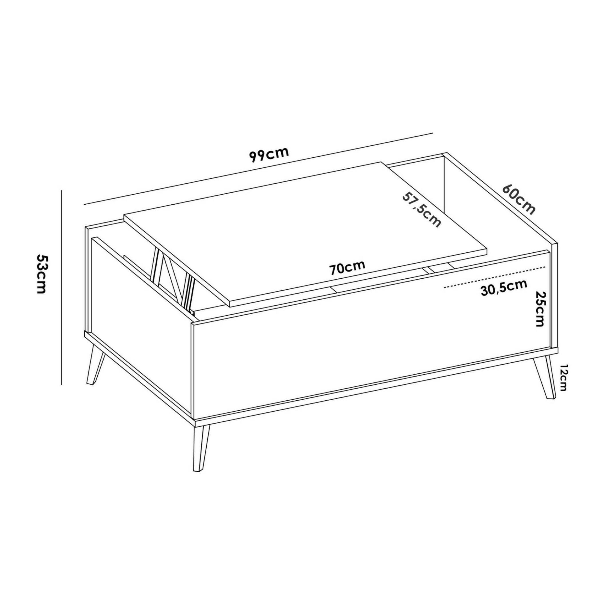 Tavolino da salotto Alexius, Porta riviste da soggiorno con vano portaoggetti, Tavolo basso da caffè elevabile, 99x60h41 cm, Rovere e Bianco