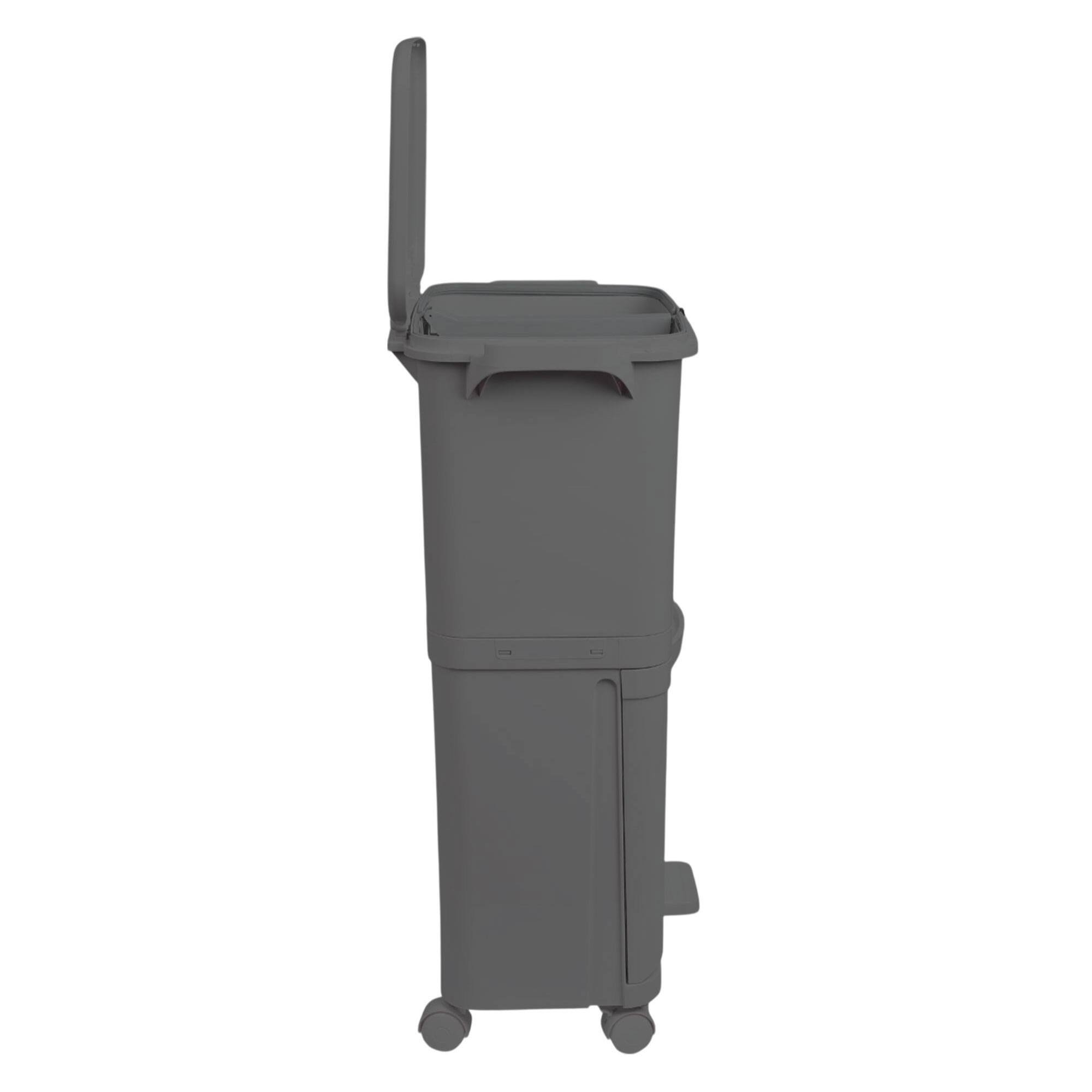 Papelera de reciclaje de clasificación selectiva con pedal, rudas y asa de doble compartimentos color negro antracita de 38l (24l + 14l)
