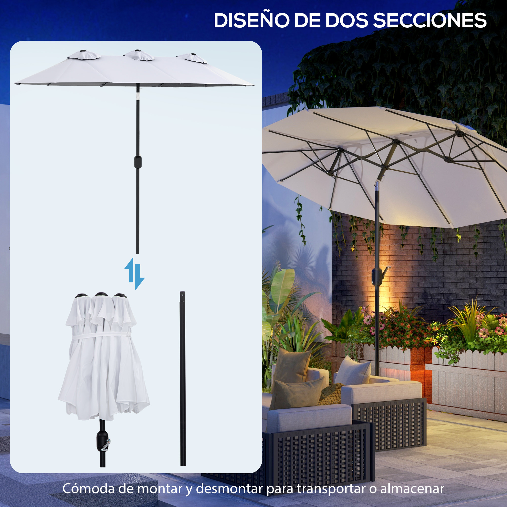 Sombrilla Doble 2,95x1,52 m, Sombrilla Terraza Exterior con Inclinación 45°, Manivela Manual, Orificios de Ventilación, Impermeable, Parasol para Jardín, Terraza, Patio y Piscina, Crema