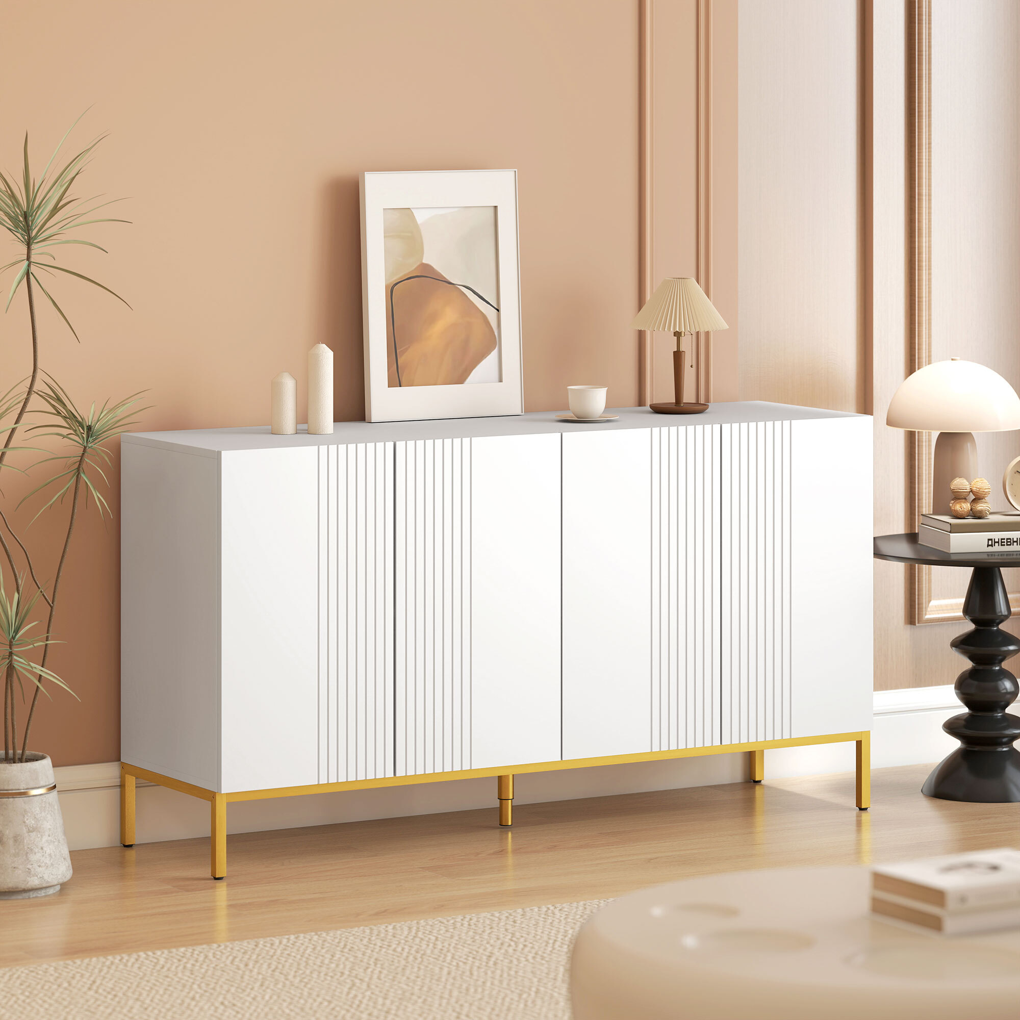 Aparador de 4 Puertas, Aparador de Salón Estrecho con Estantes Ajustables, Armario de Cocina con Cierre Suave y Patas Doradas, para Entrada, Dormitorio, 140x40x75 cm, Blanco