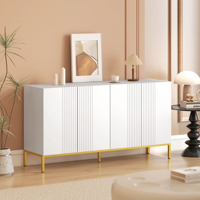 Aparador de 4 Puertas, Aparador de Salón Estrecho con Estantes Ajustables, Armario de Cocina con Cierre Suave y Patas Doradas, para Entrada, Dormitorio, 140x40x75 cm, Blanco