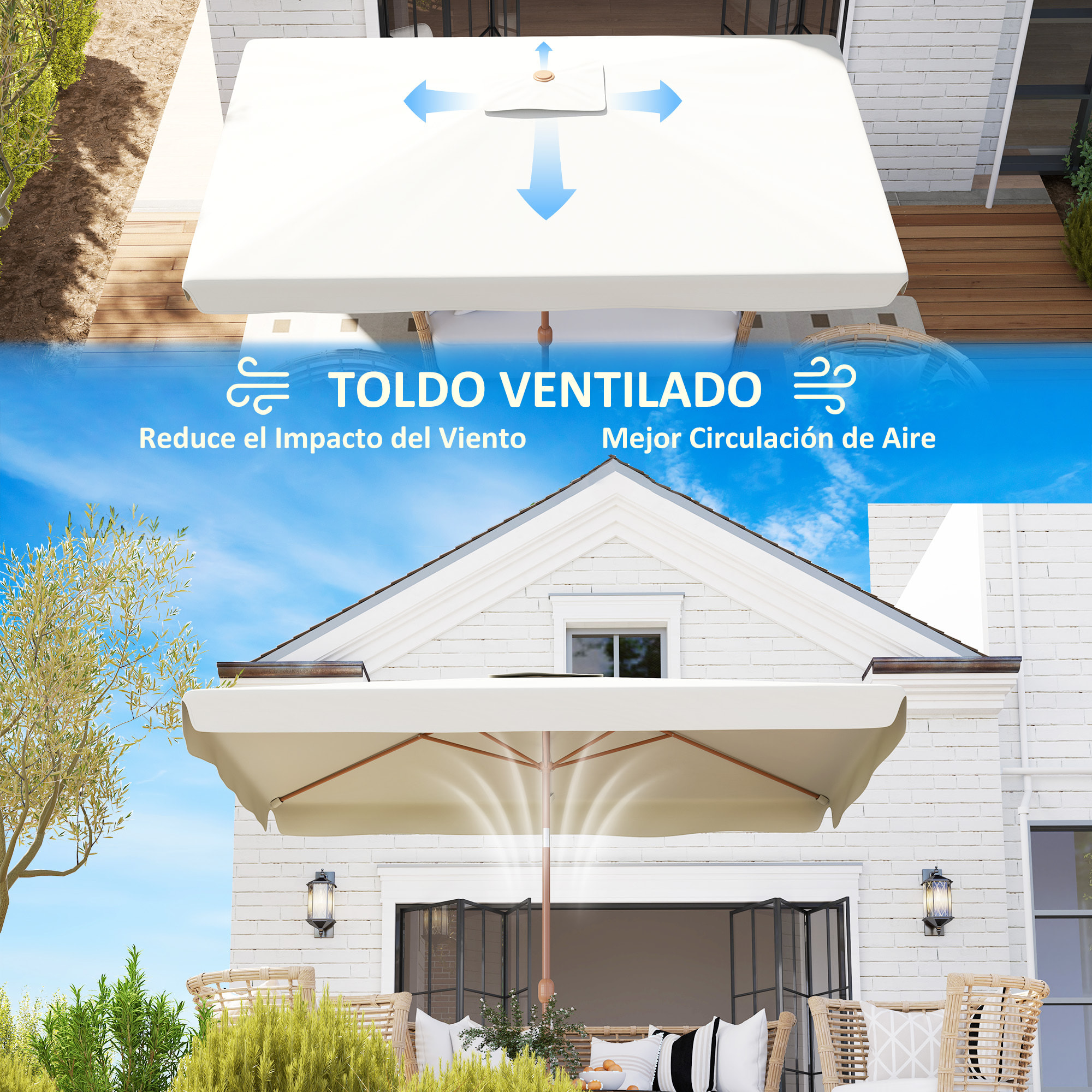 Sombrilla de Terraza Exterior 300x200 cm Parasol de Terraza Exterior con Ángulo Ajustable Mástil de Aluminio Manivela y Protección UV 50+ Sombrilla para Jardín Patio Crema