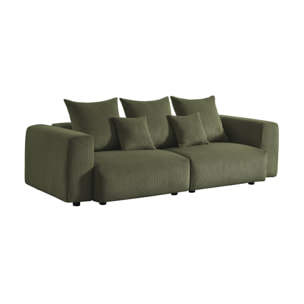 Canapé déhoussable 3 places en velours côtelé grosse côte kaki avec pluie de coussins L 230 x P 97 x H 82cm - Pillow