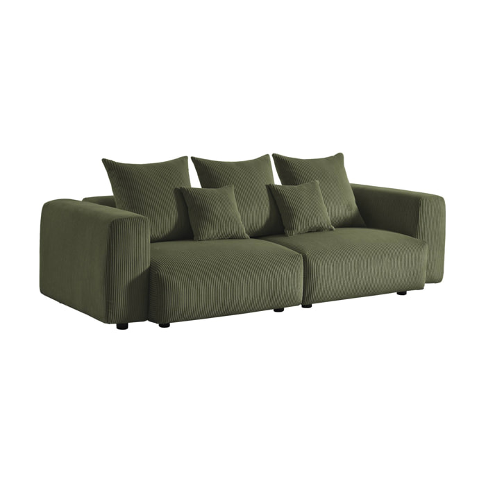 Canapé déhoussable 3 places en velours côtelé grosse côte kaki avec pluie de coussins L 230 x P 97 x H 82cm - Pillow