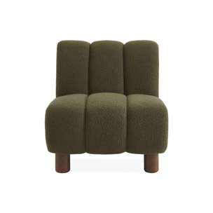 Fauteuil relax pieds arrondis en bois et tissu bouclette kaki foncé