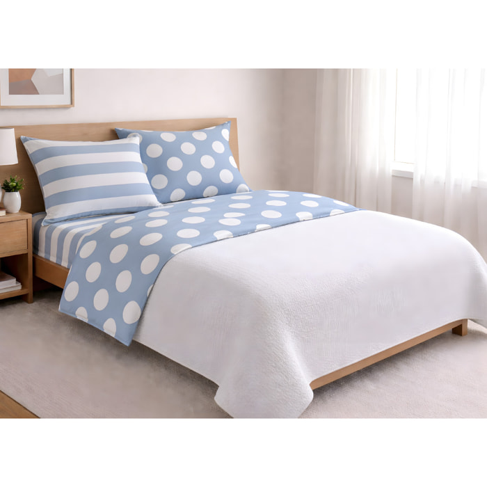 Completo Lenzuola 100% Cotone Made in Italy Disegno Pois Azzurro