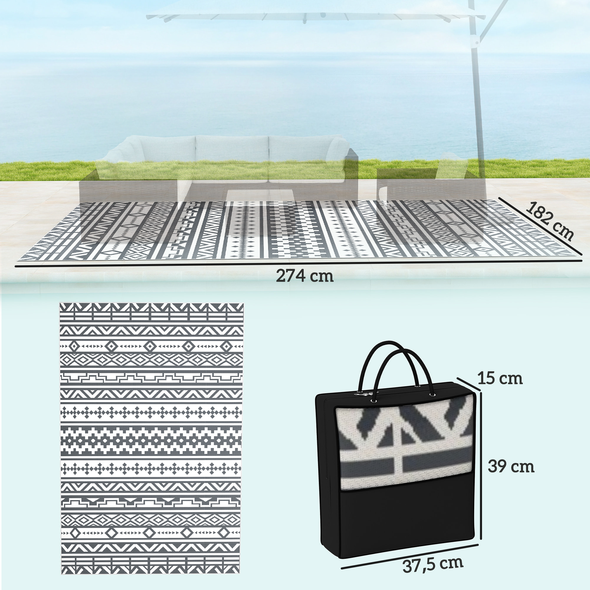 Alfombra de Exterior 182x274 cm Alfombra Reversible con Patrón de Geométrico de Cenefa Impermeable Bolsa de Transporte para Terraza Balcón Patio Camping Playa Gris Oscuro