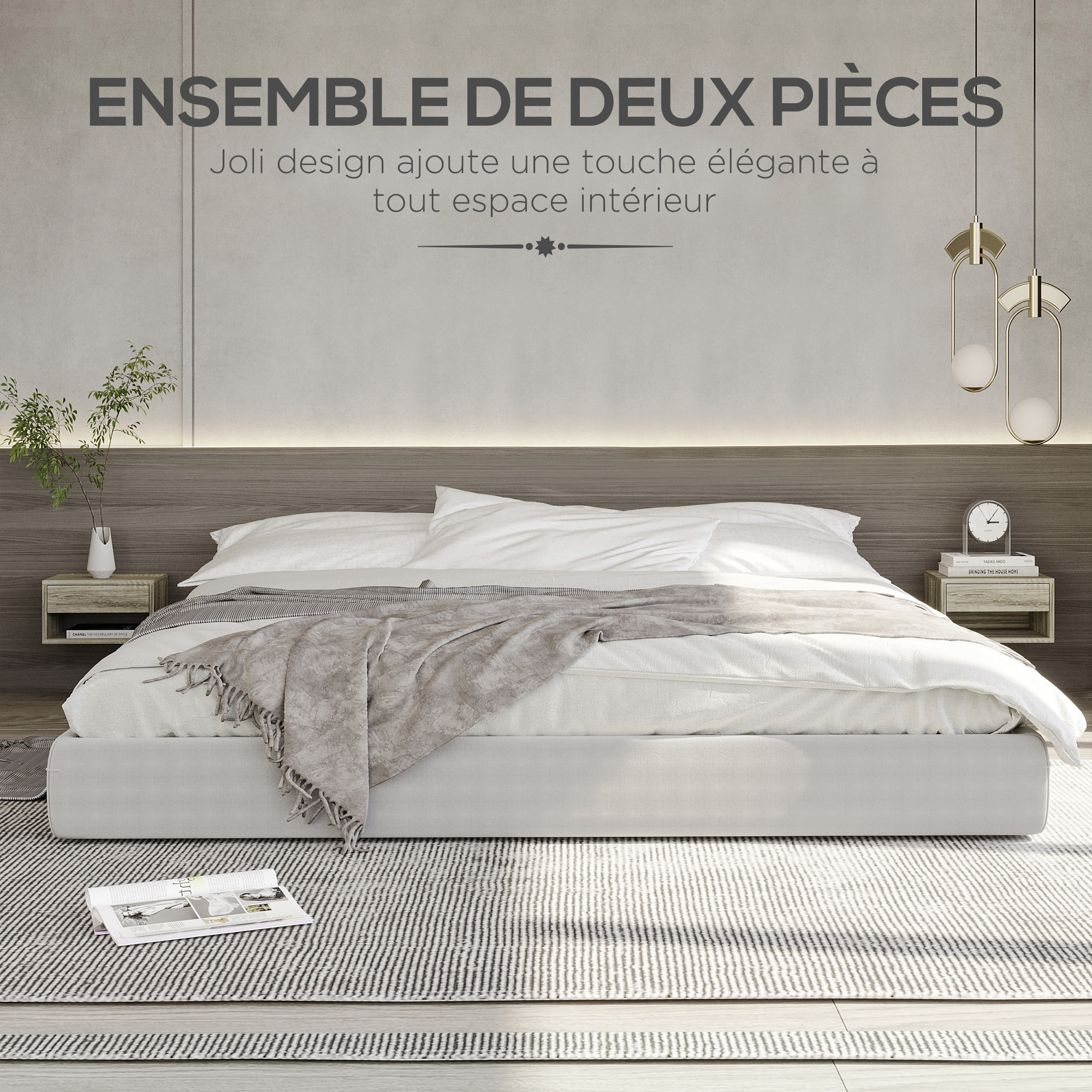 Lot de 2 chevets tables de nuit murales - tiroir coulissant, niche, plateau - dim. 37L x 32l x 21H cm - panneaux gris