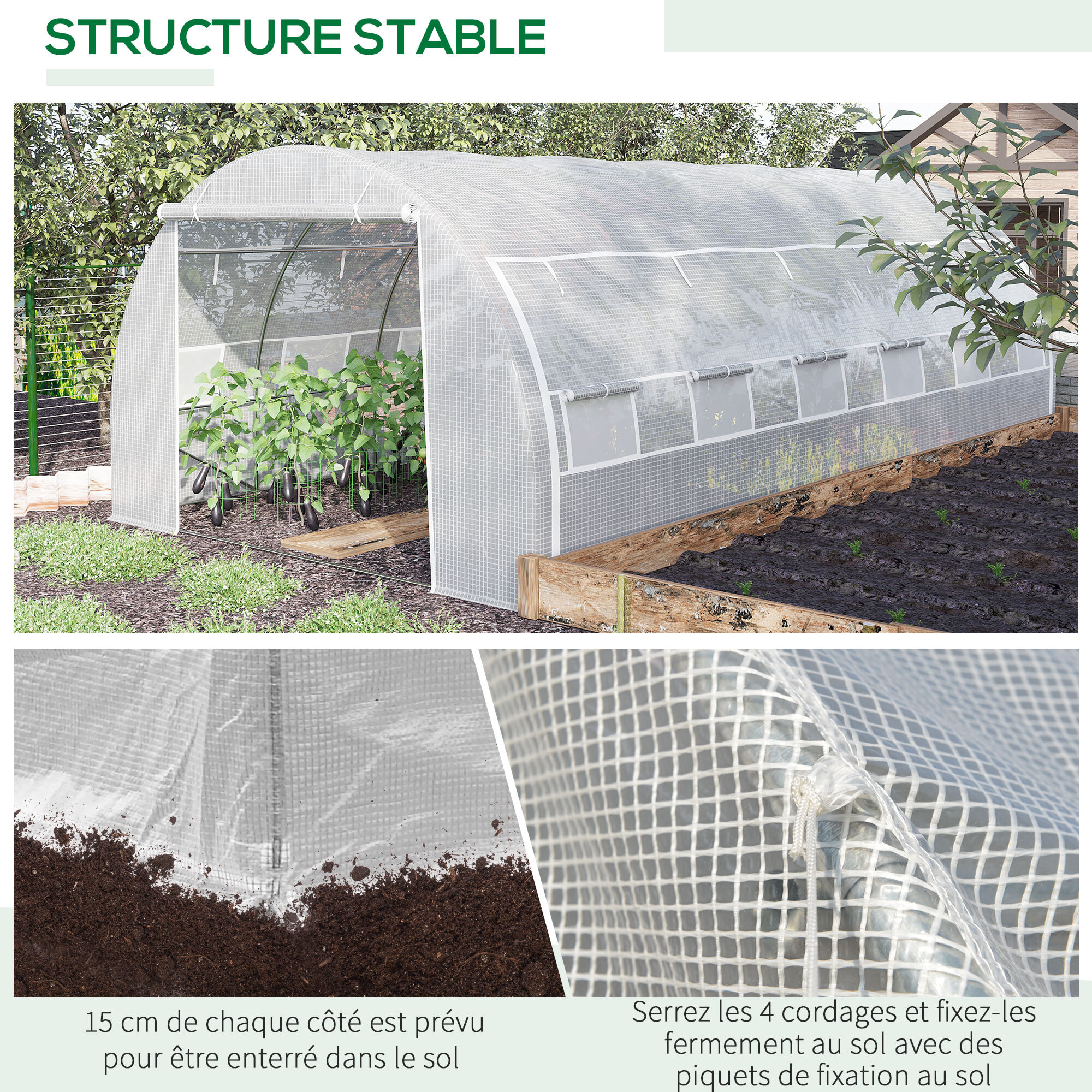 Serre de jardin tunnel 18 m² dim. 5,97L x 3,02l x 2H m - 12 fenêtres, porte zippée enroulable - châssis tubulaire acier galvanisé, bâche PE haute densité blanc