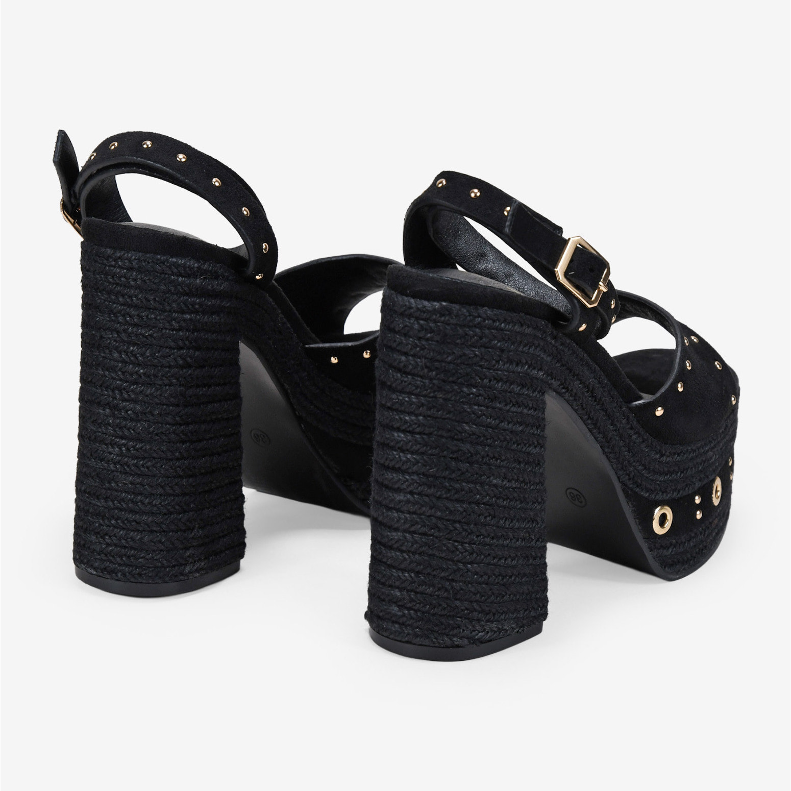 Sandalias de tacón negras con esparto y tachas