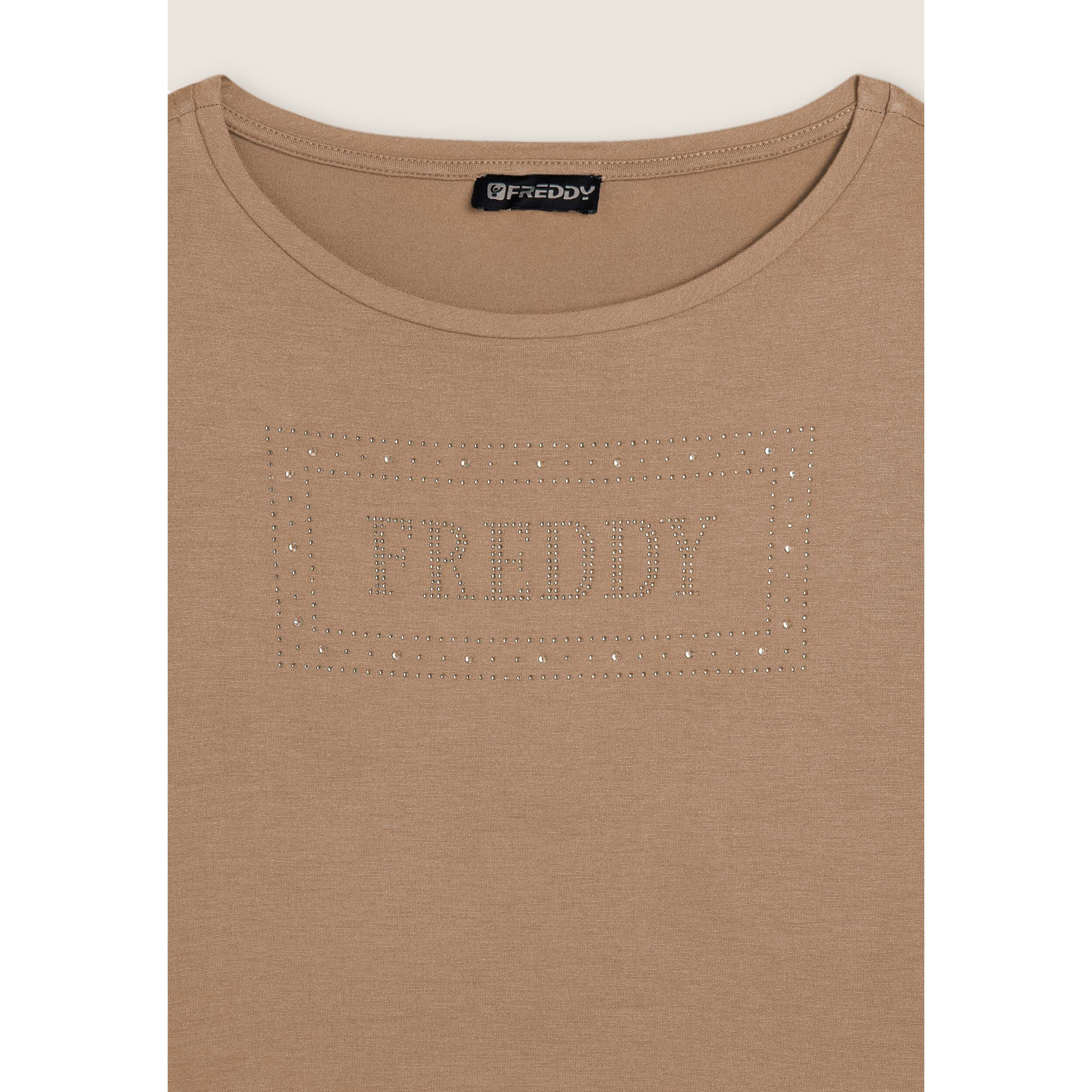 T-shirt donna con logo strass e glitter