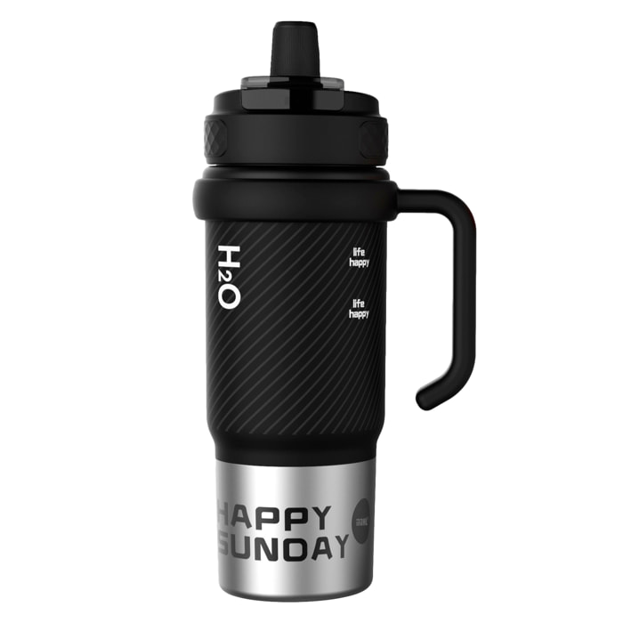 Termo MD-058 de 800 ml con sellado antifugas, filtro colador integrado y pajita incluida. Tapa con doble apertura, asa de transporte e interior de acero inoxidable.