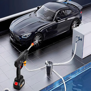 Pistola per lavaggio ad alta pressione con doppia batteria ricaricabile, 3 adattatori di lavaggio diversi, 300W di potenza e 30 bar di pressione.