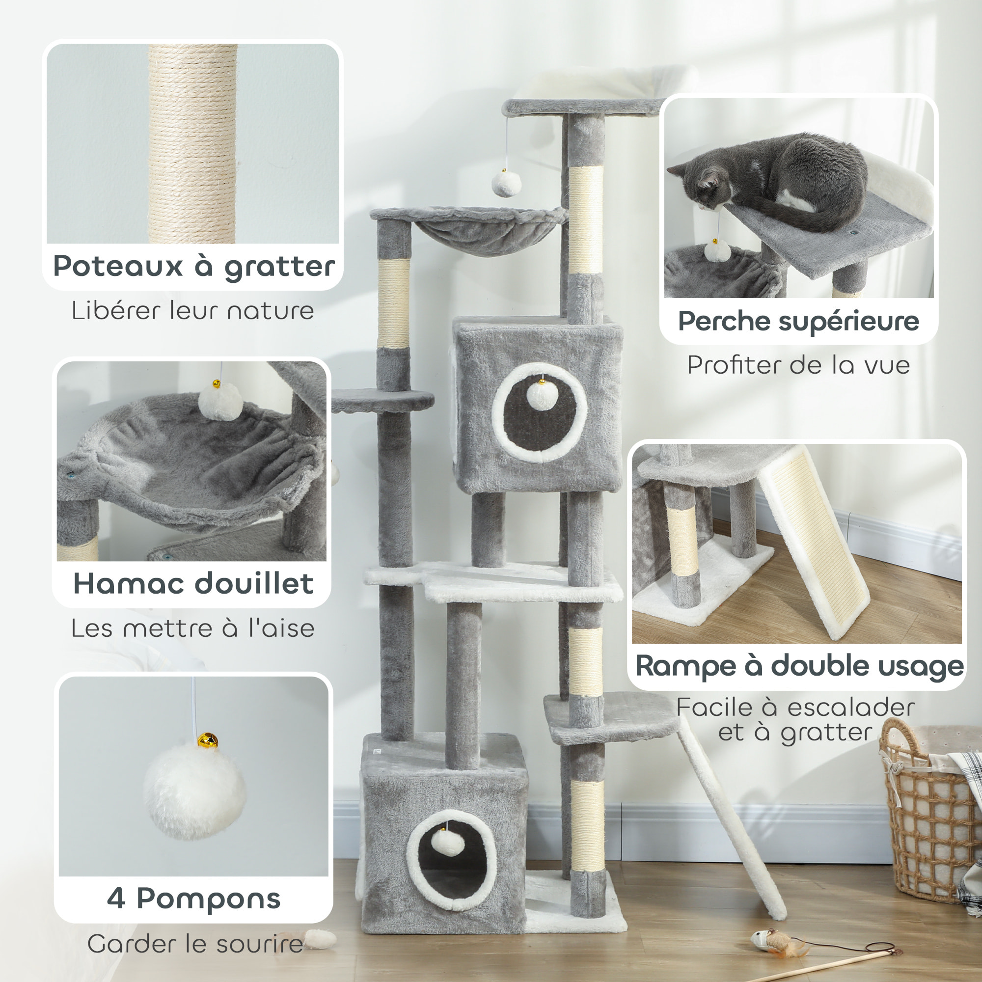 Arbre à chat design grande taille H.165cm équipements jeux multiples sisal naturel peluche gris blanc