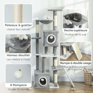 Arbre à chat design grande taille H.165cm équipements jeux multiples sisal naturel peluche gris blanc