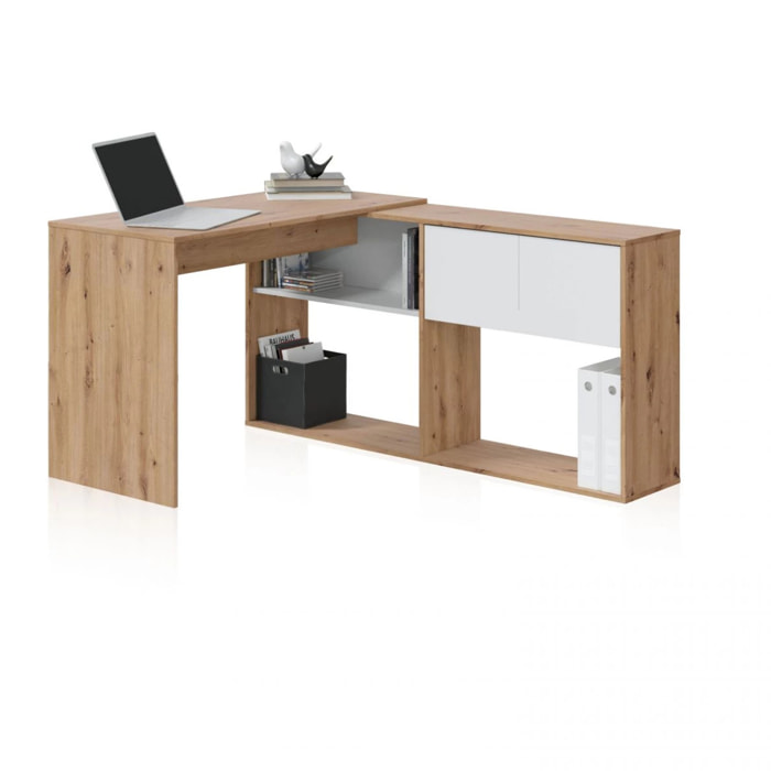 Mesa de escritorio con estantería Dess Blanco Artik (Blanco Mate) - Roble Nodi