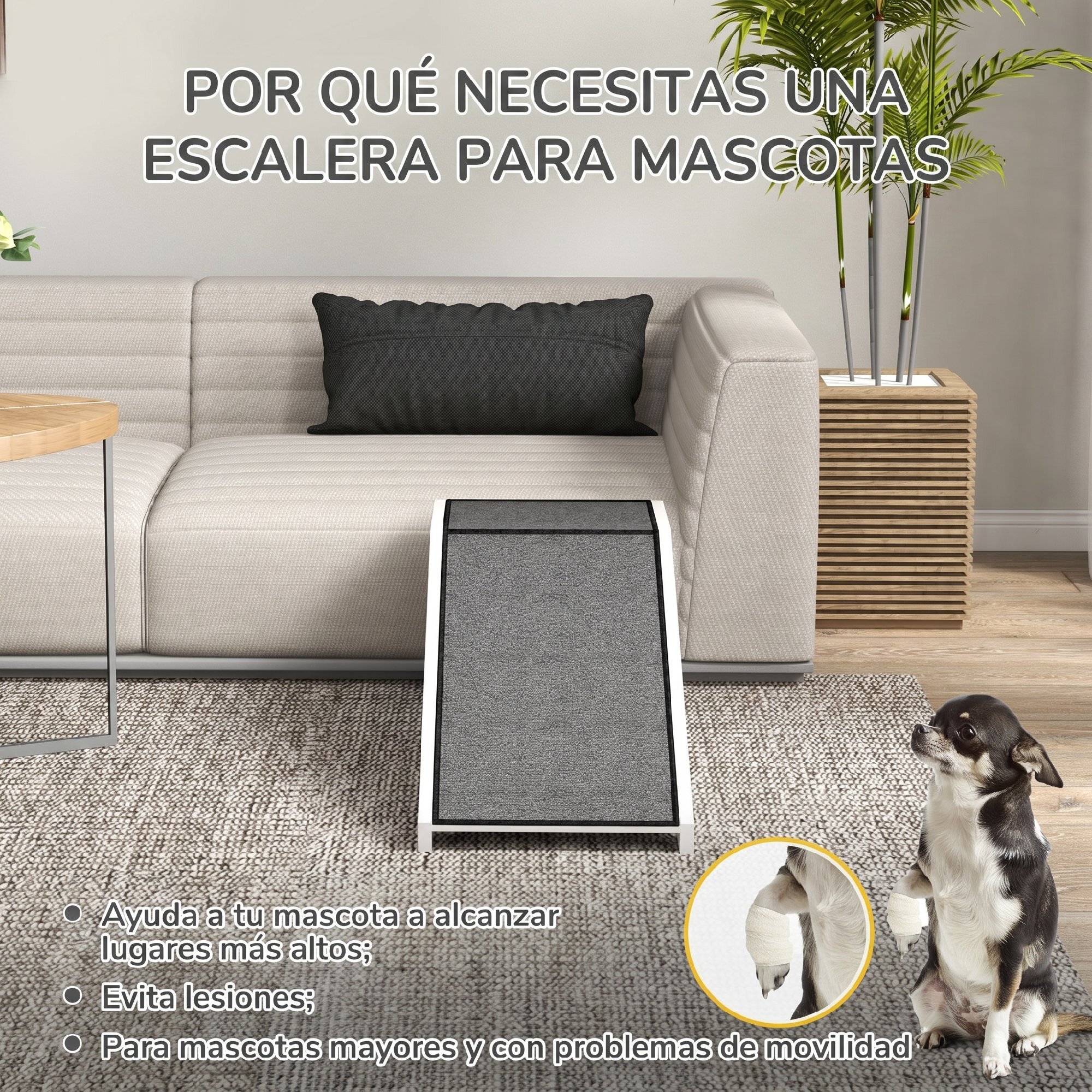 Rampa para Perros de Madera Rampa para Mascotas para Cama/Sofá con Alfombra Antideslizante para Perros Pequeños Medianos y Grandes 125x40x35,5 cm Blanco y Gris