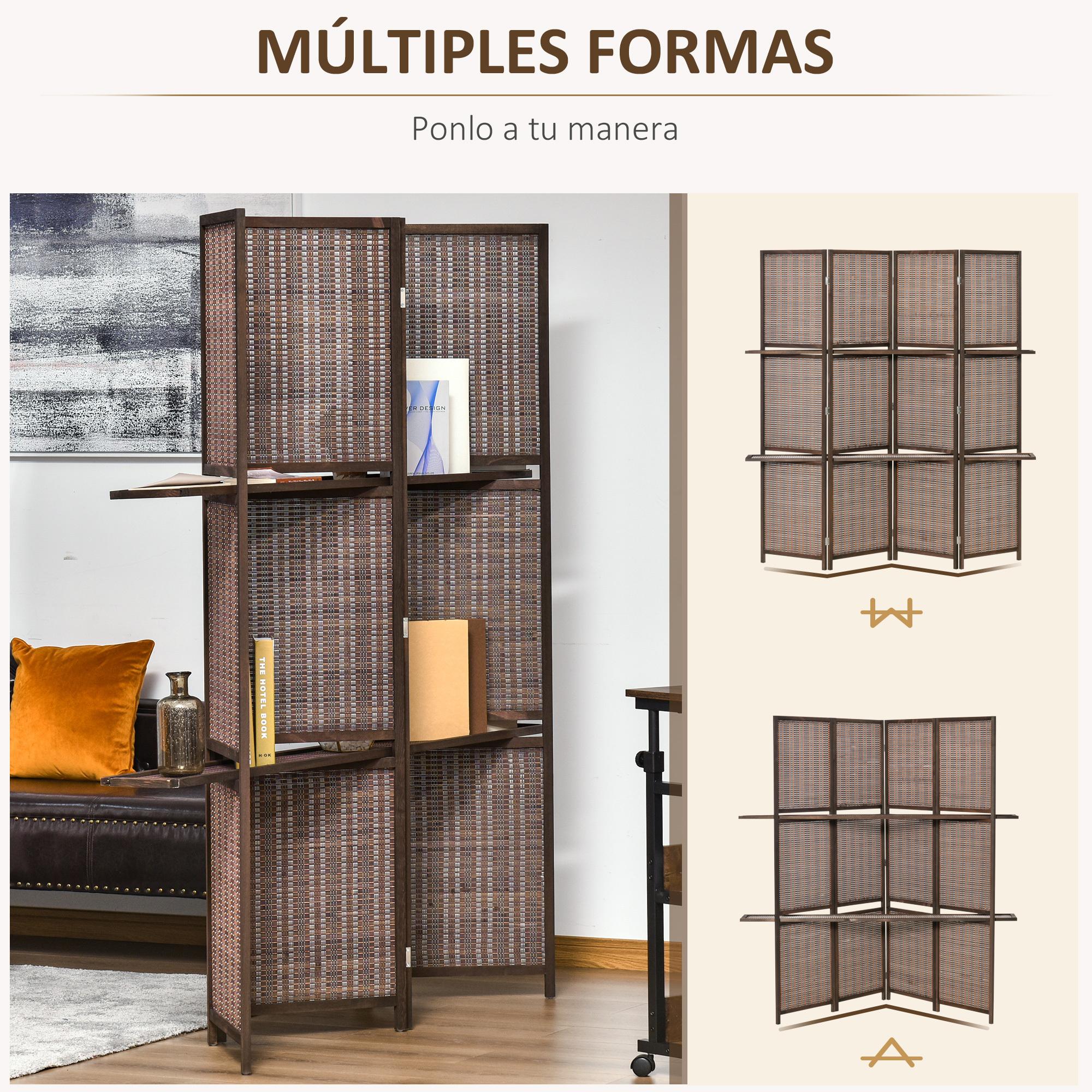 Biombo de 4 Piezas de Bambú Separador de Ambientes Plegable con 2 Estantes Extraíbles Divisor de Habitaciones Dormitorio 180x180 cm Marrón