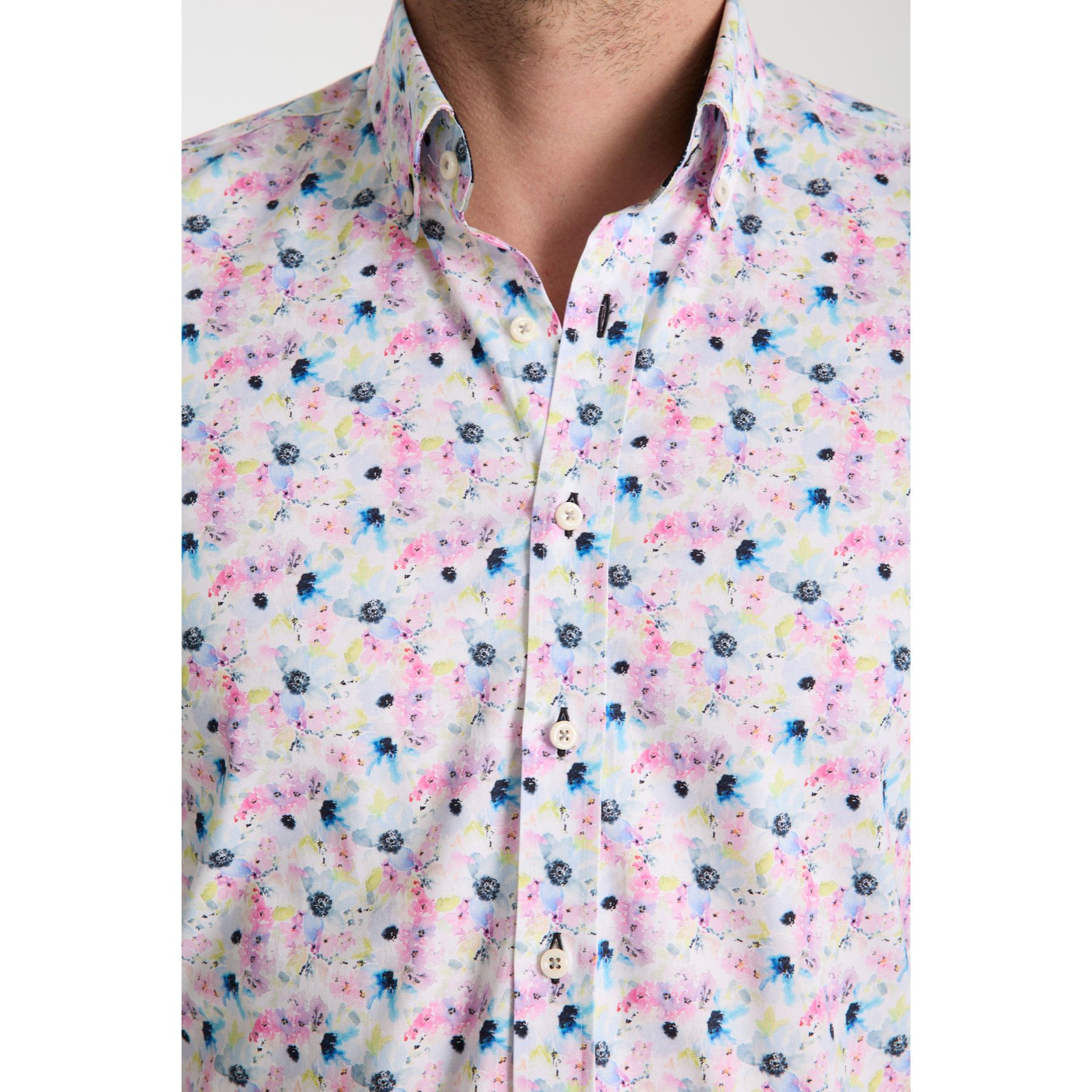 camicia uomo 1 bottone button down slim Popeline Stretch Stampato Bianco Rosa Cipria