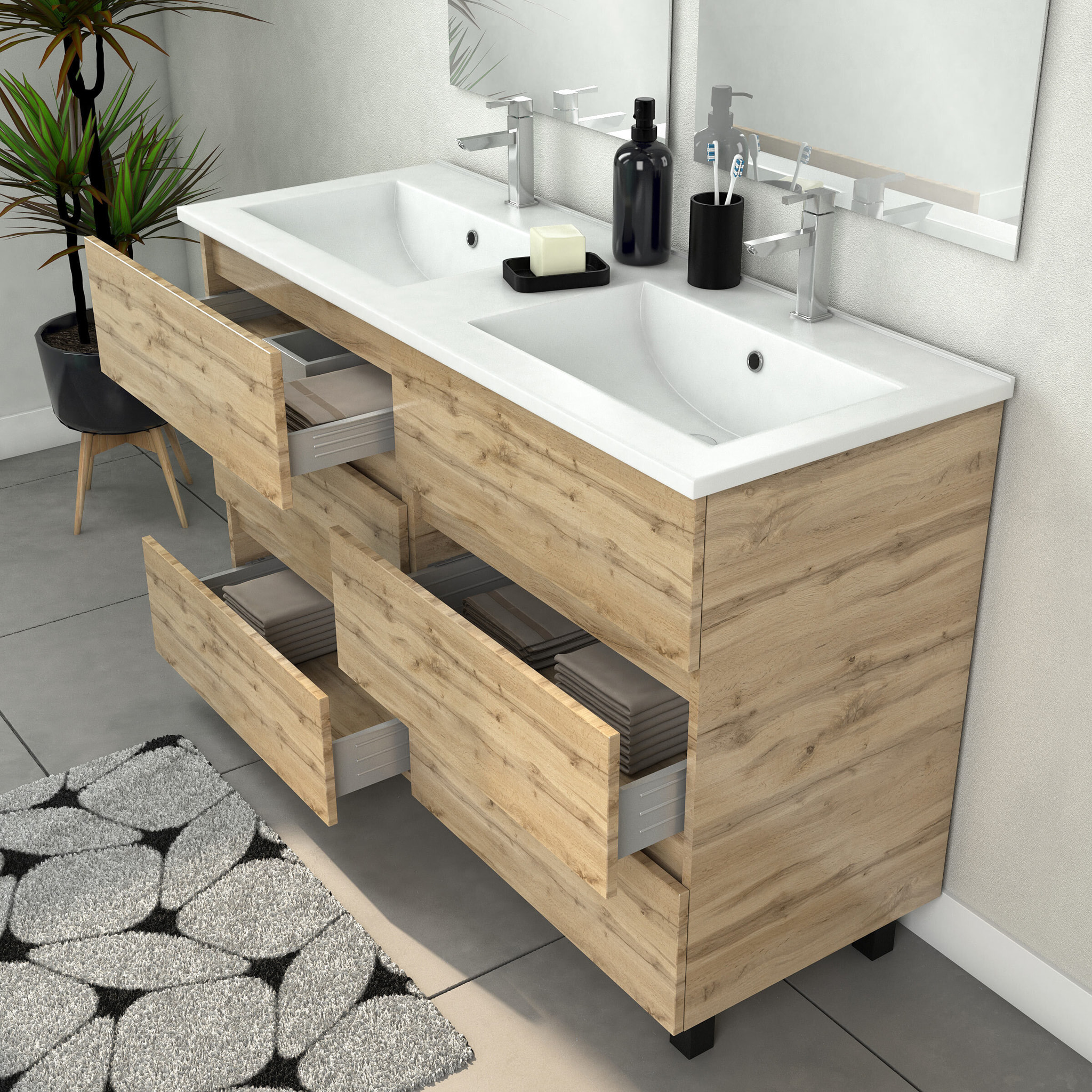 Meuble Salle de Bains 120cm 6 Tiroirs Chêne Naturel + Vasque Blanche + Miroirs avec appliques Led