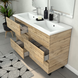 Meuble Salle de Bains 120cm 6 Tiroirs Chêne Naturel + Vasque Blanche + Miroirs avec appliques Led