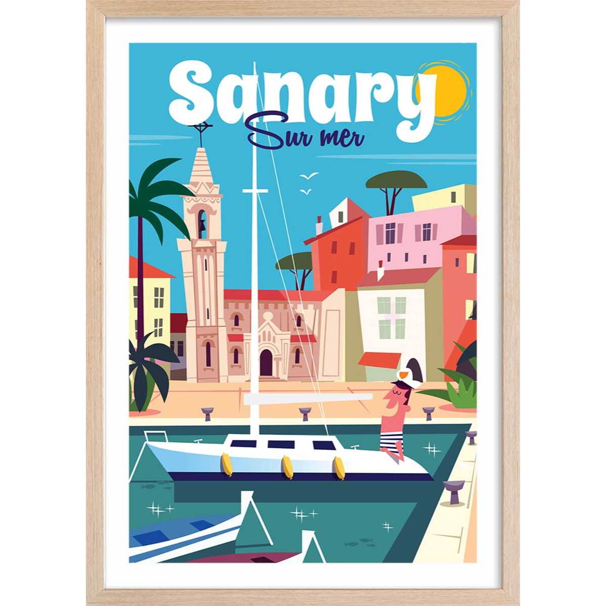 Affiche Vacances à Sanary Affiche + cadre en bois - Chêne