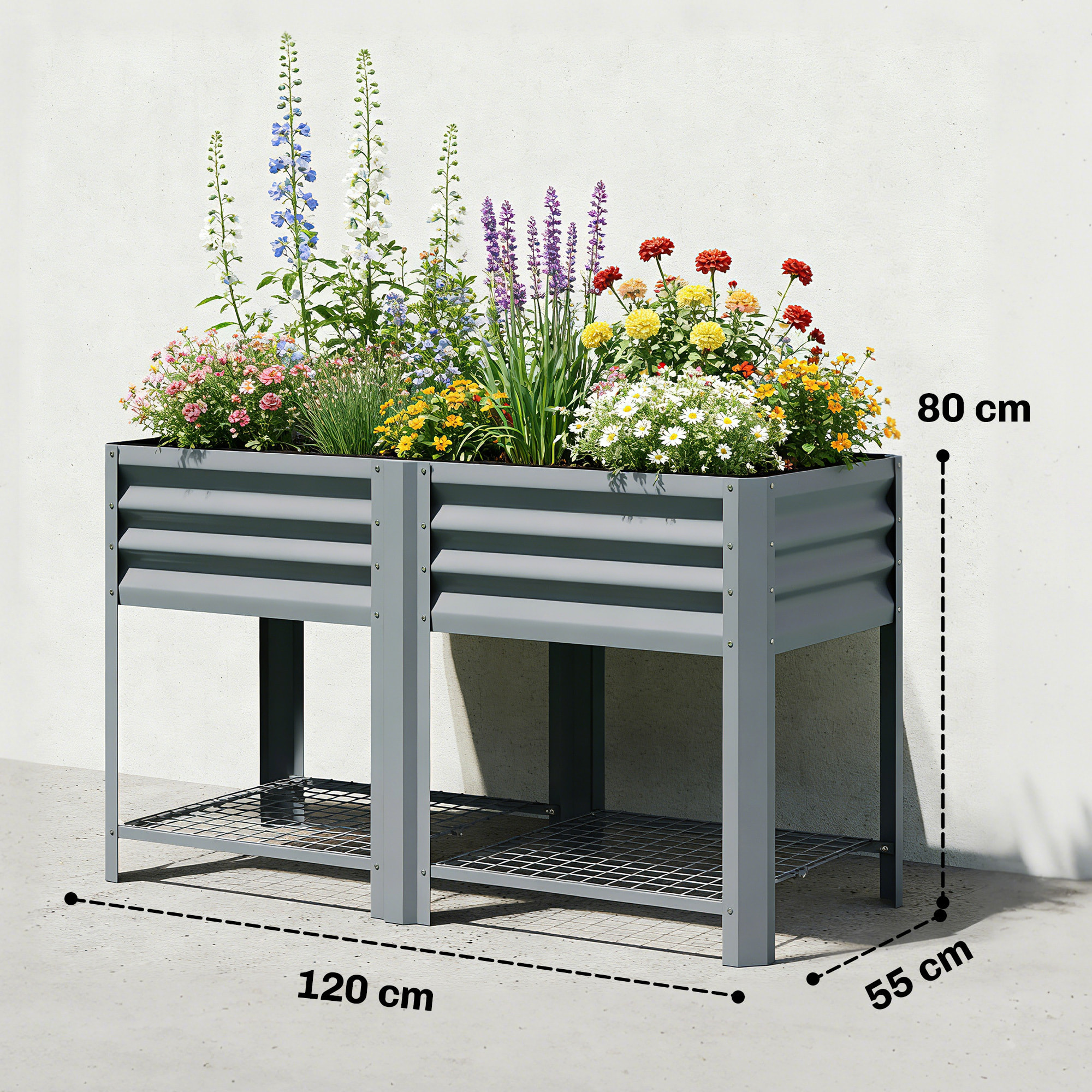 Huerto Urbano Elevado con Estante Inferior, Mesa de Cultivo de Metal Galvanizado con Forro y Guantes, para Cultivo, Plantas y Flores, 120x55x80 cm, Gris Plateado