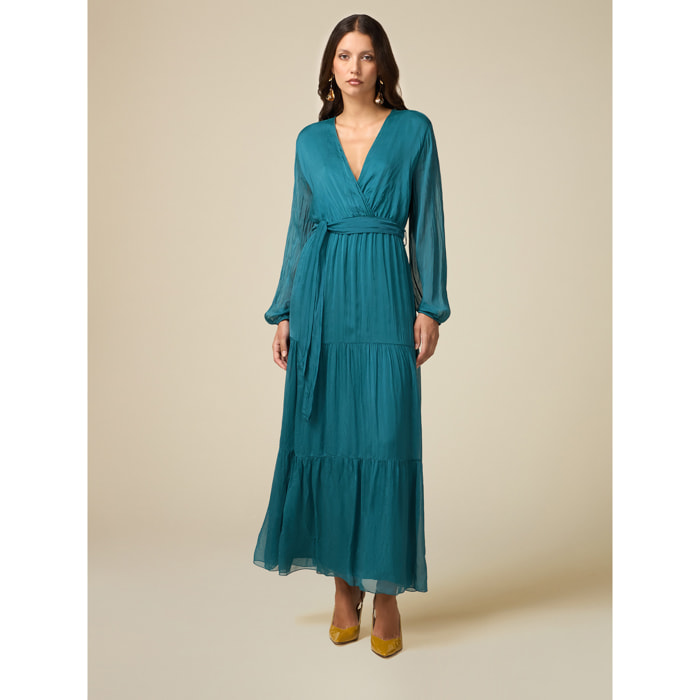 Oltre - Long silk/viscose dress - Petrol Blue