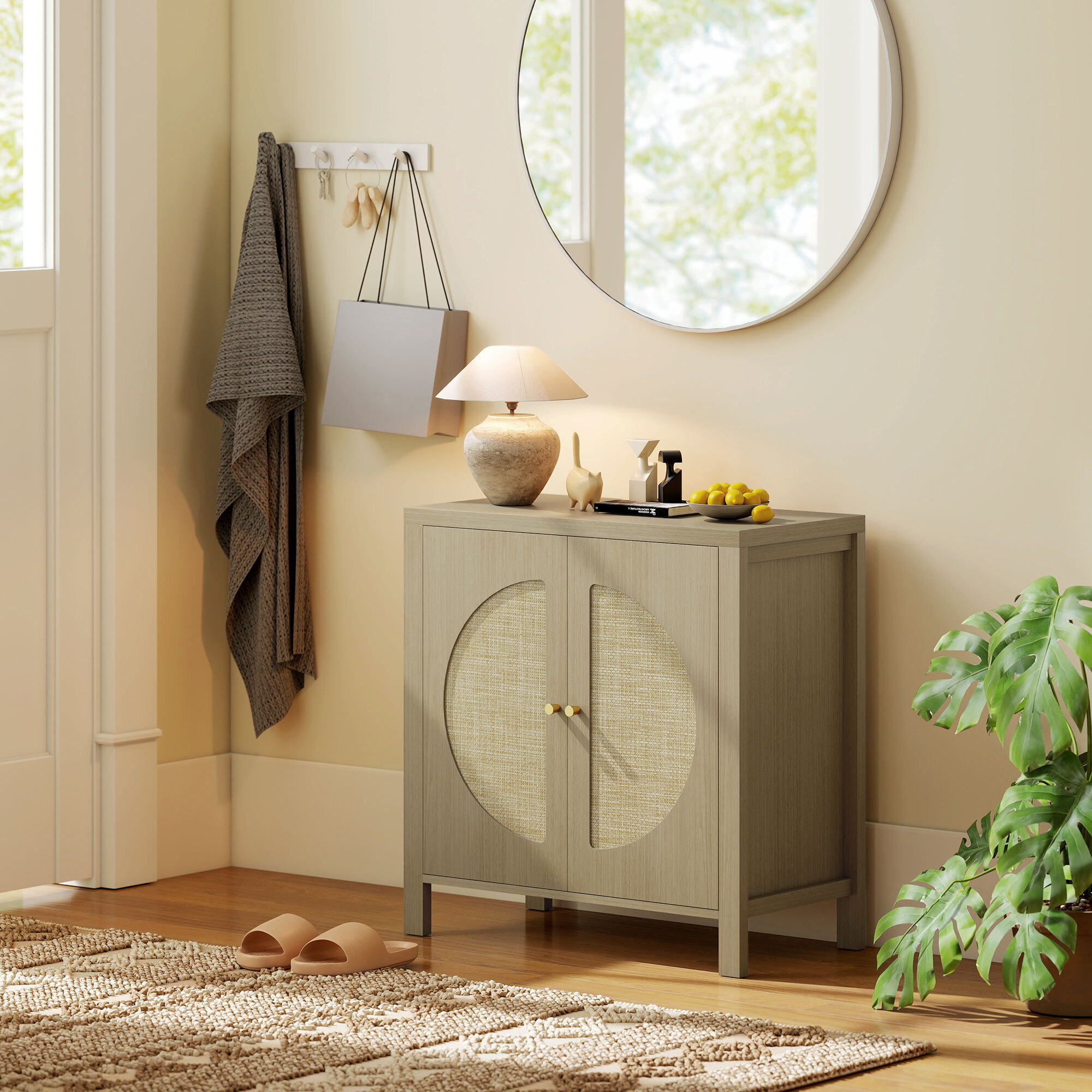 Rangement petit buffet 2 portes étagère style naturel rotin effet bois naturel taupe