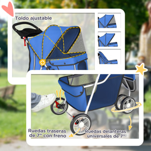 Carrito para Perros Plegable, Cochecito para Perros Pequeños con Cesta de Almacenaje, Ventanas de Malla, Portavasos y Ruedas, Carga 10 kg, 77x44x102 cm, Azul