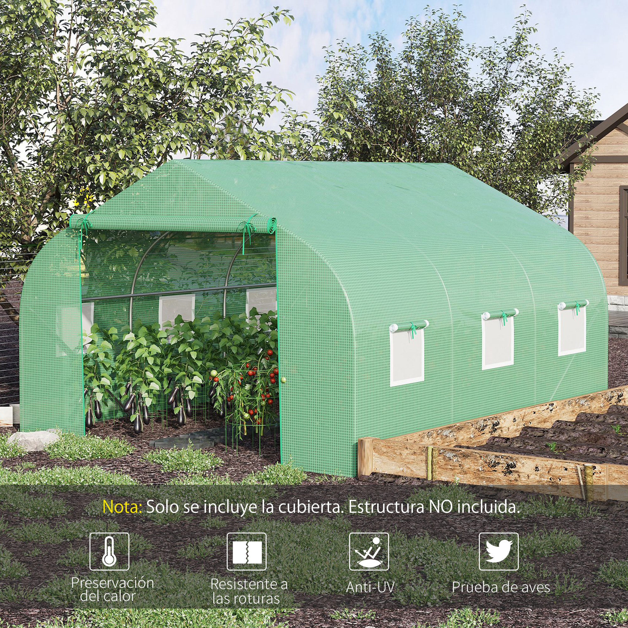 Cubierta de Invernadero de Túnel 3,5x3x2 m con 6 Ventanas y Puerta Jardín Verde