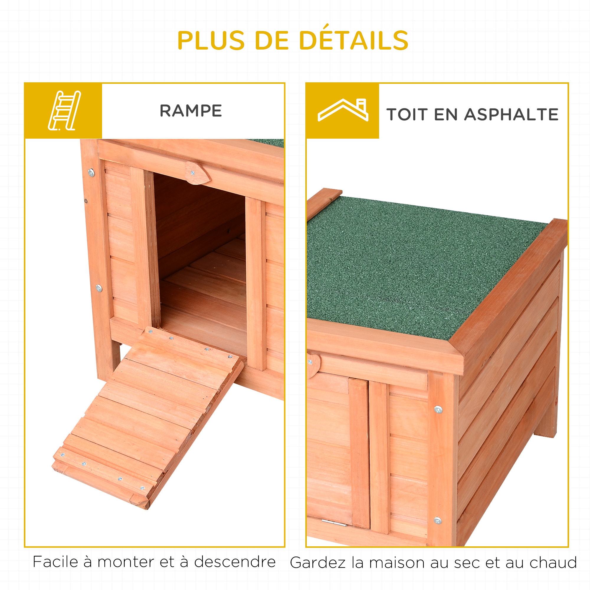 Clapier de sol niche enclos pour lapin porte rampe verrouillable 2 en 1 toit ouvrant bitumé bois sapin pré-huilé