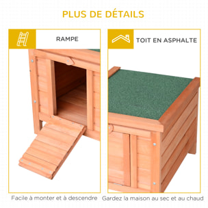 Clapier de sol niche enclos pour lapin porte rampe verrouillable 2 en 1 toit ouvrant bitumé bois sapin pré-huilé