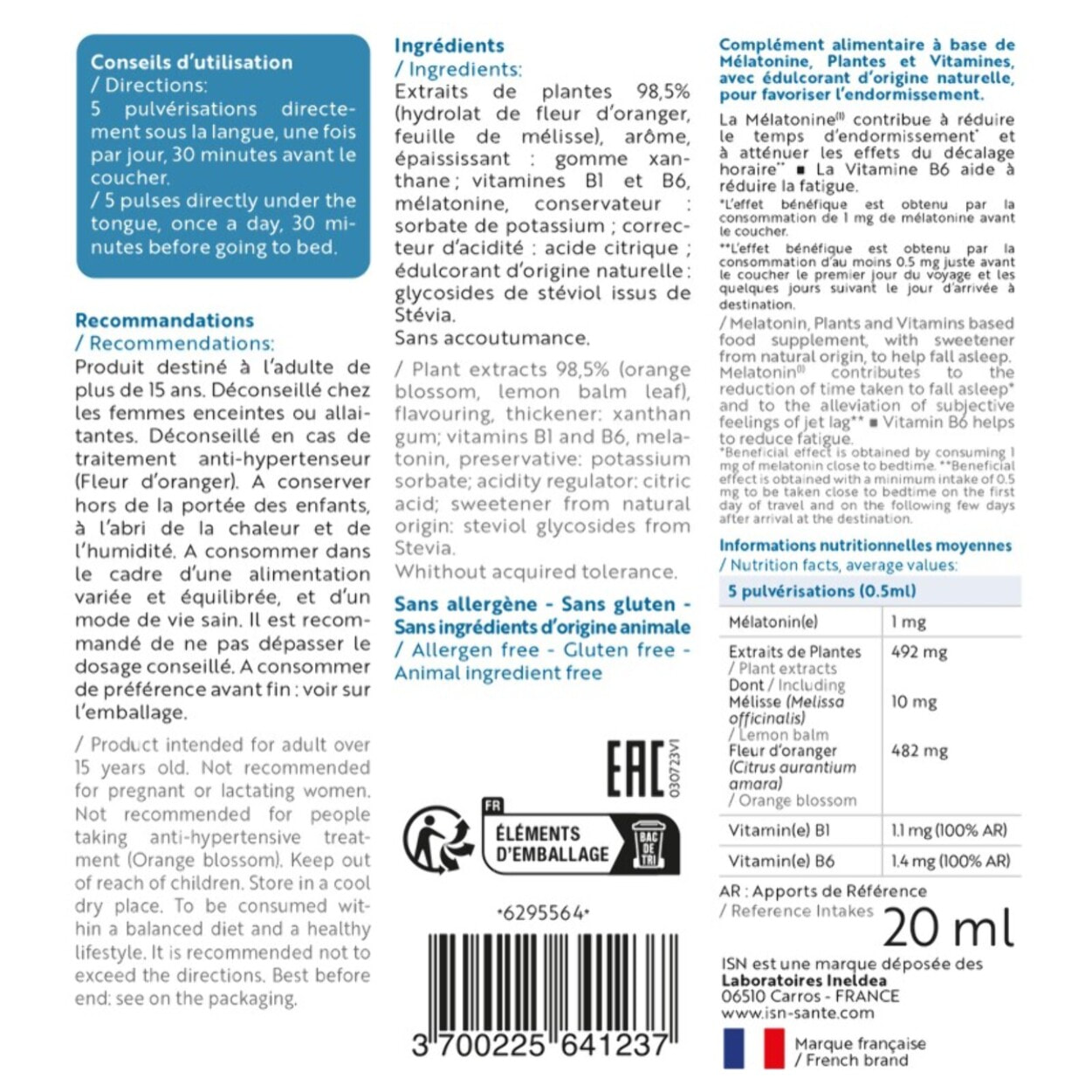 ISN - Somnil Mélatonine Flash - Mélatonine, Vitamine & Mélisse - Favorise Endormissement & Qualité du Sommeil - Réduit fatigue et décalage horaire - Flacon Spray 20ml