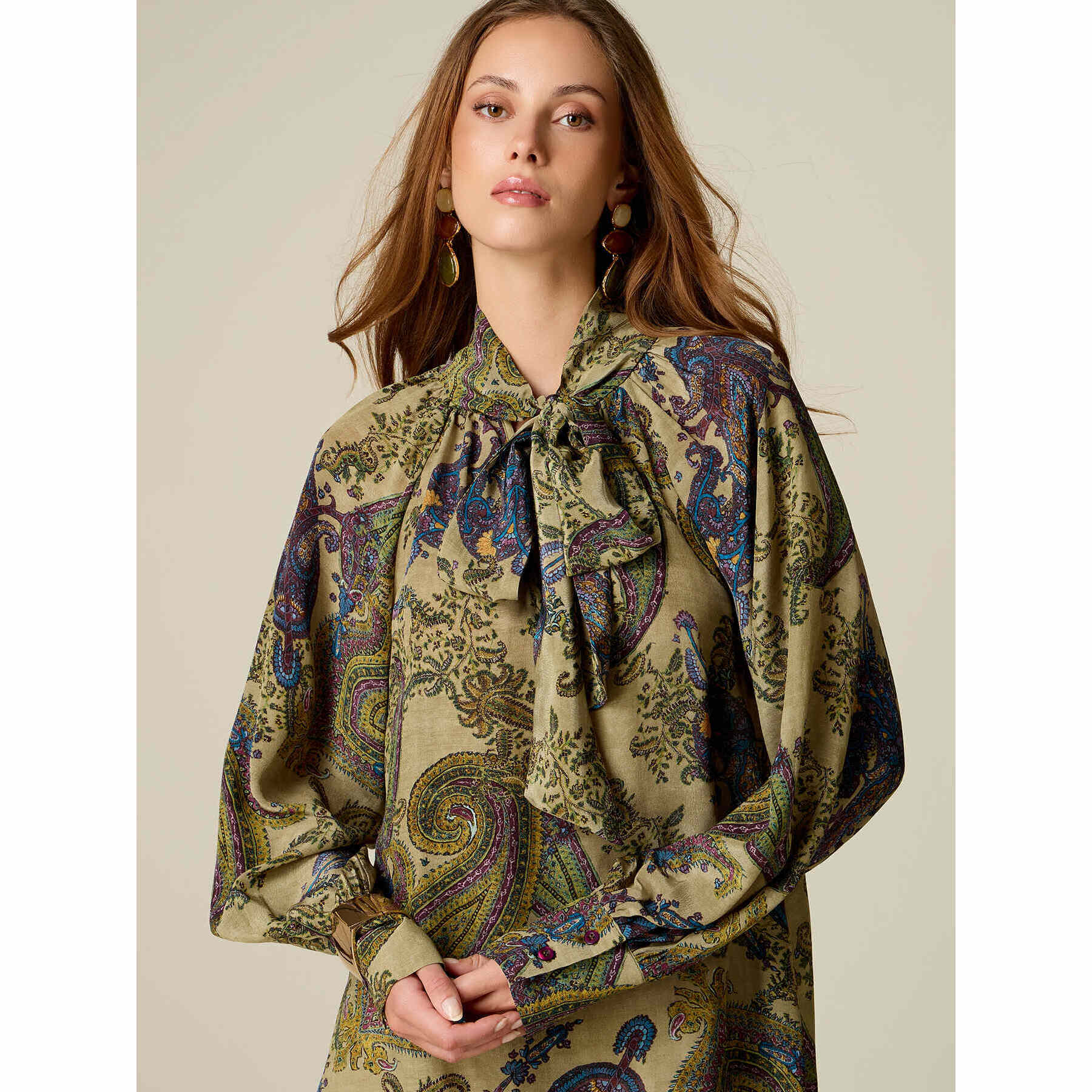 Oltre - Blusa fantasia con fiocco da annodare - Verde
