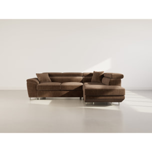 Baoji - Canapé d'angle droit 5 places convertible avec têtières et coffre en velours côtelé - Marron