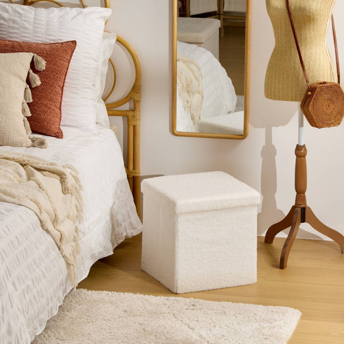 Pouf Pliable Coffre Jaiko en Bouclette Blanc 38x38cm