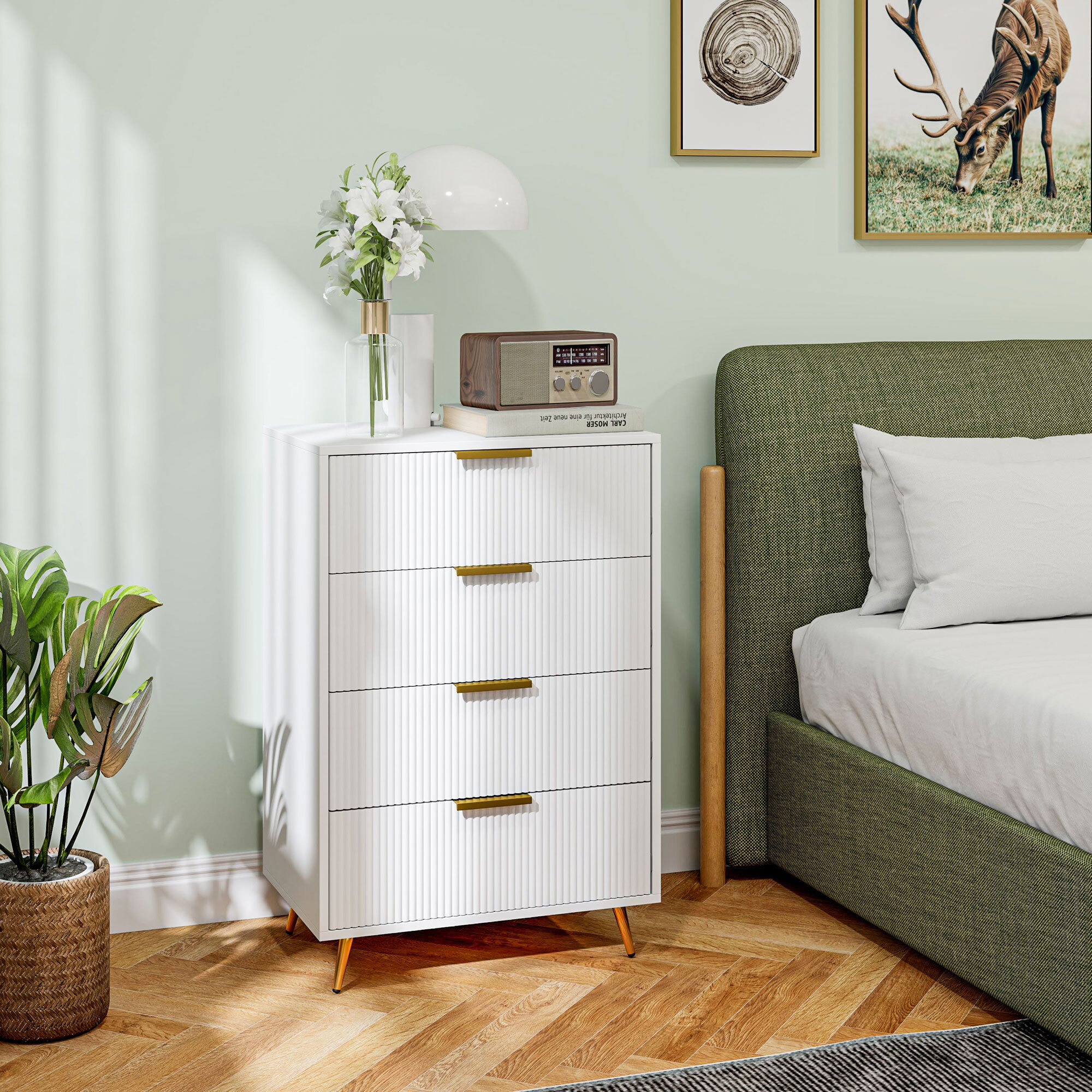 Cómoda con 4 Cajones Cómoda de Dormitorio Moderno con Frentes con Diseño Ondulado Anti-vuelco Cajonera para Salón Pasillo 60x40x90 cm Blanco