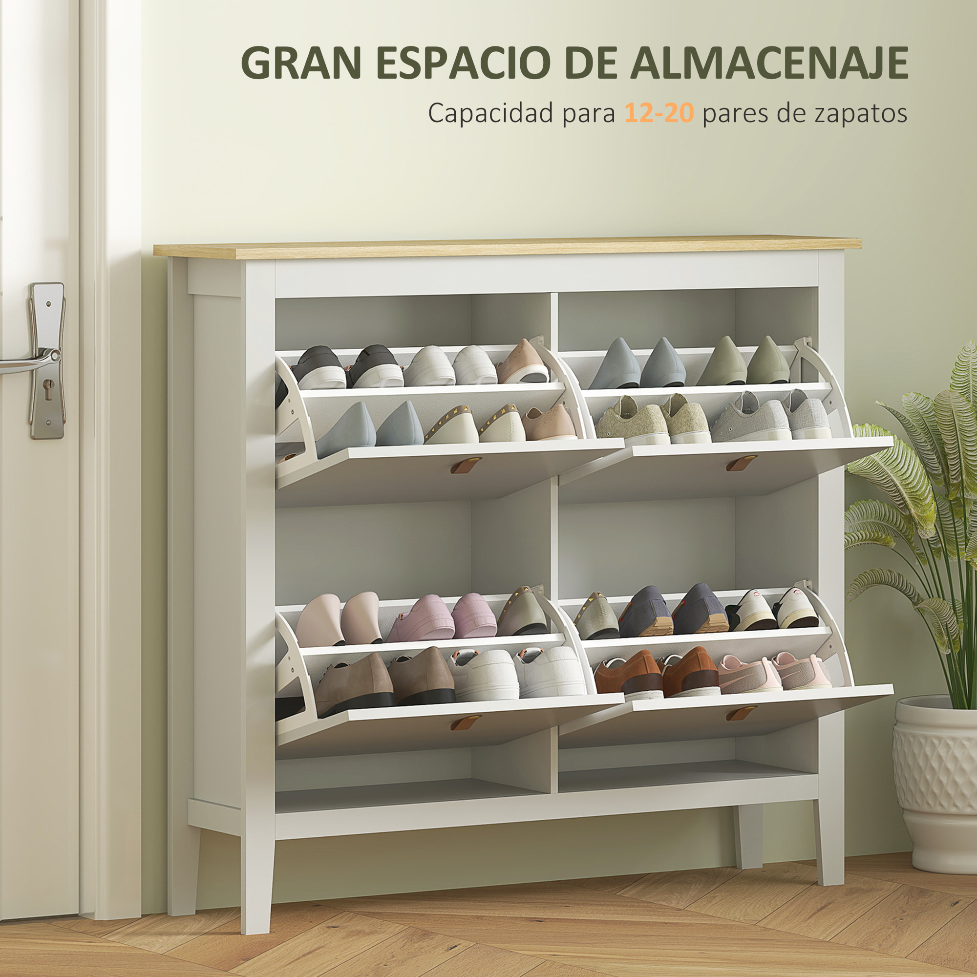 Mueble Zapatero Estrecho Zapatero Entrada Recibidor con 4 Cajones Abatibles Estantes Ajustables y Tiradores de PU para 20 Pares de Zapatos para Pasillo 105x24x95,5 cm Blanco