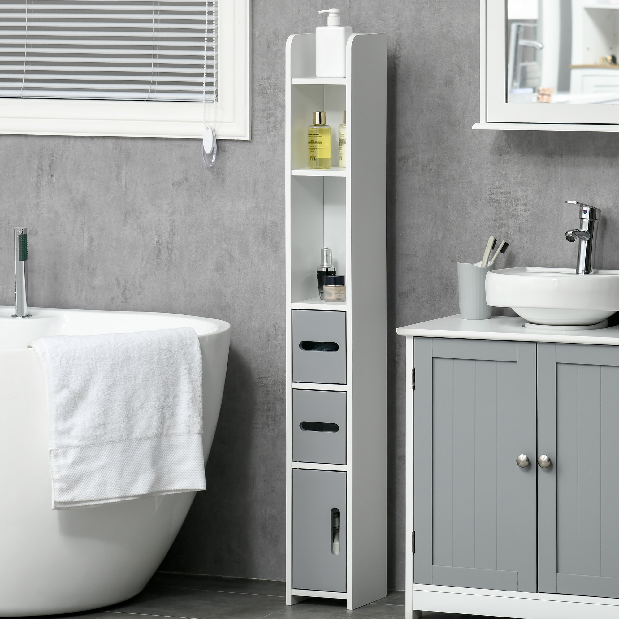 kleankin Armario Alto de Baño con 3 Puertas y 3 Estantes Abiertos Columna Auxiliar de Baño para Salón Aseo Dormitorio Estilo Moderno 15x17x120 cm Gris