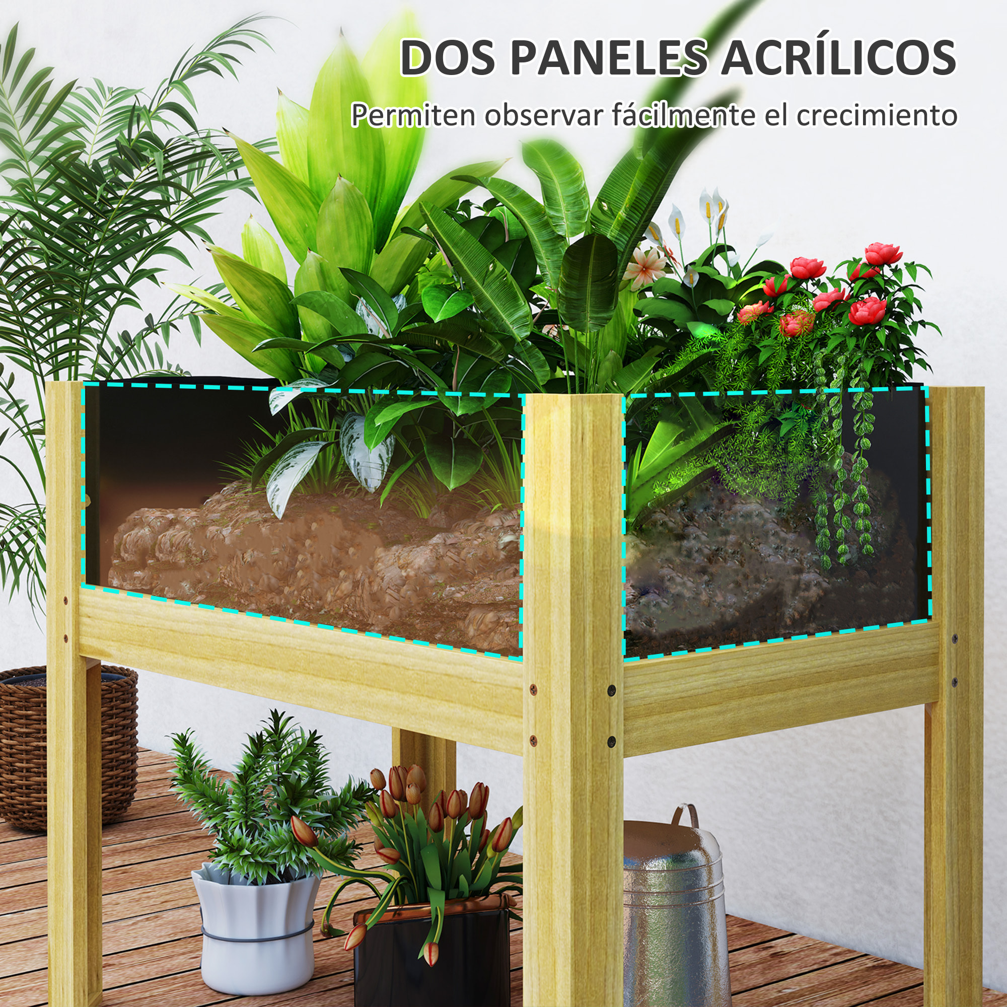 Huerto Urbano de Madera Mesa de Cultivo con Paneles Acrílicos Jardinera Elevada para Cultivo Flores Vegetales en Jardín Terraza 75x46x60,5 cm Natural